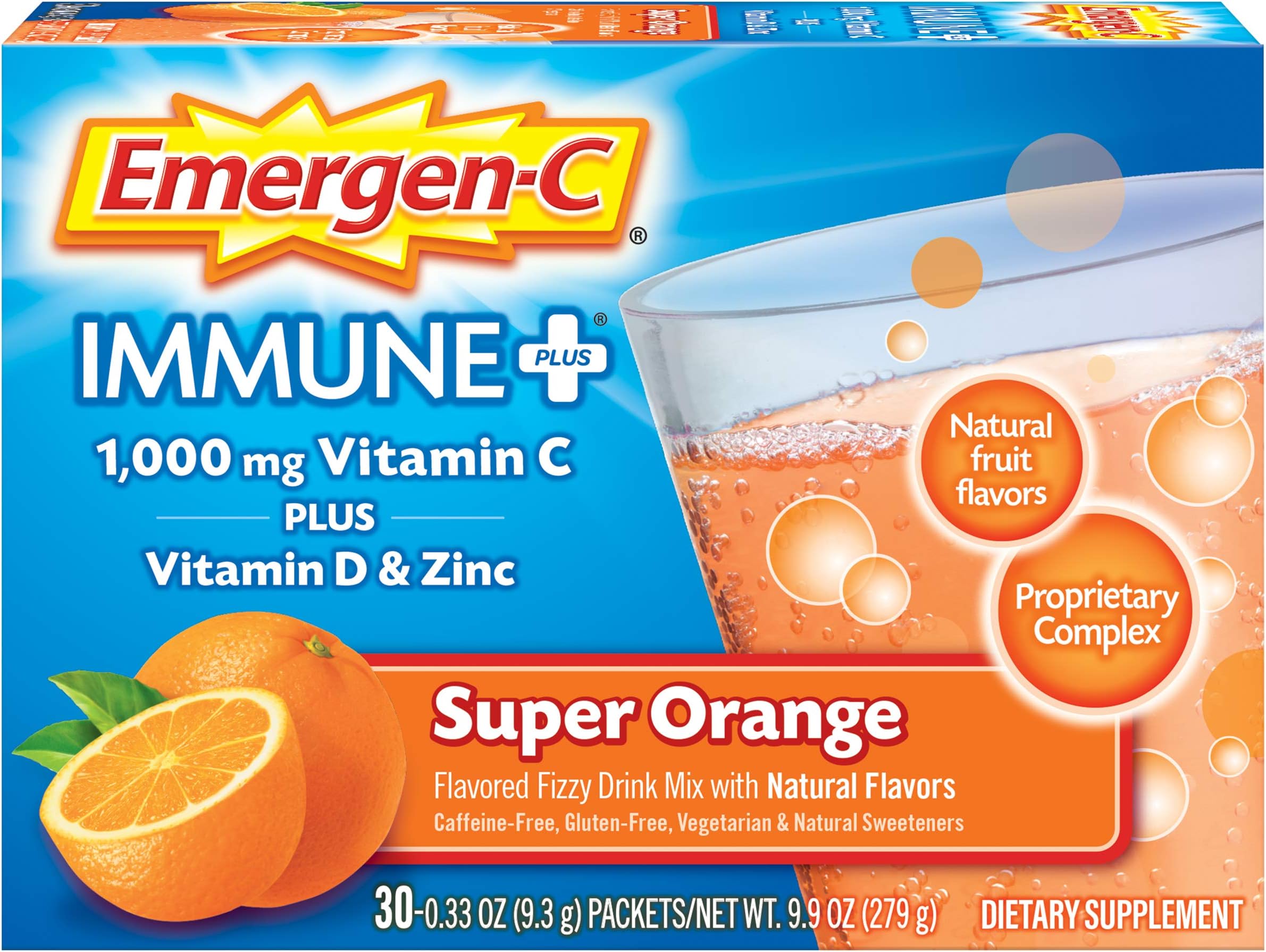 Immune+ 1000mg Vitamin C Powder, with Vitamin D, Zinc, Antioxidants and Electrolytes for Immunity, Immune Support Dietary Supplement, Super Orange Flavor - 30 Count/1 Month Supply