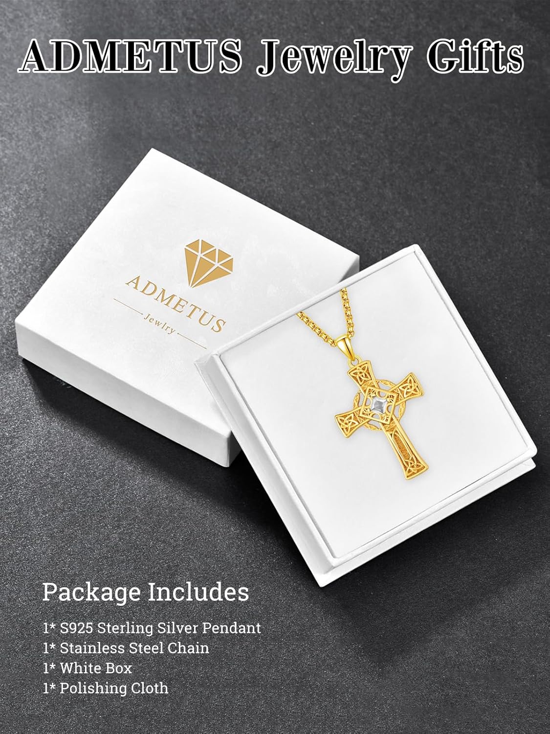 ADMETUS Celtic Cross Birthstone Necklace, 925 Sterling Silver Birthday Gifts, Good Luck Irish Jewelry, Multiple Styles and Colors, with 2.5mm 22"+2" Rolo Chain - Image 6