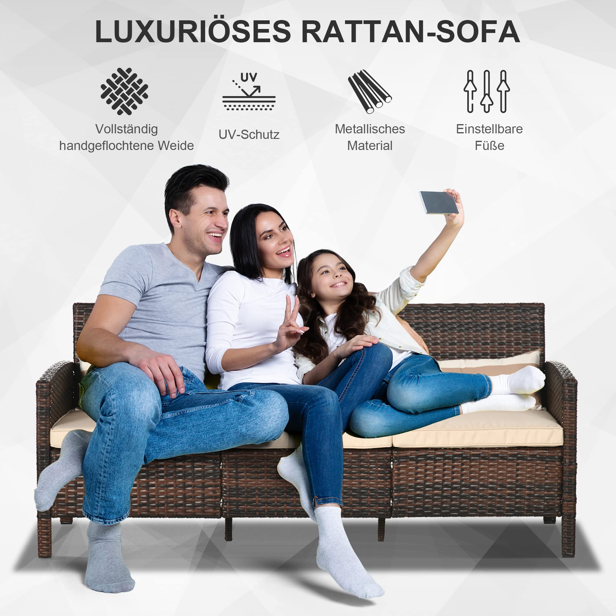 Outsunny Rattan Sofa mit Kissen, Dreisitzer, Garten Loungesofa, Stahl, Braun, 173 x 68 x 78 cm