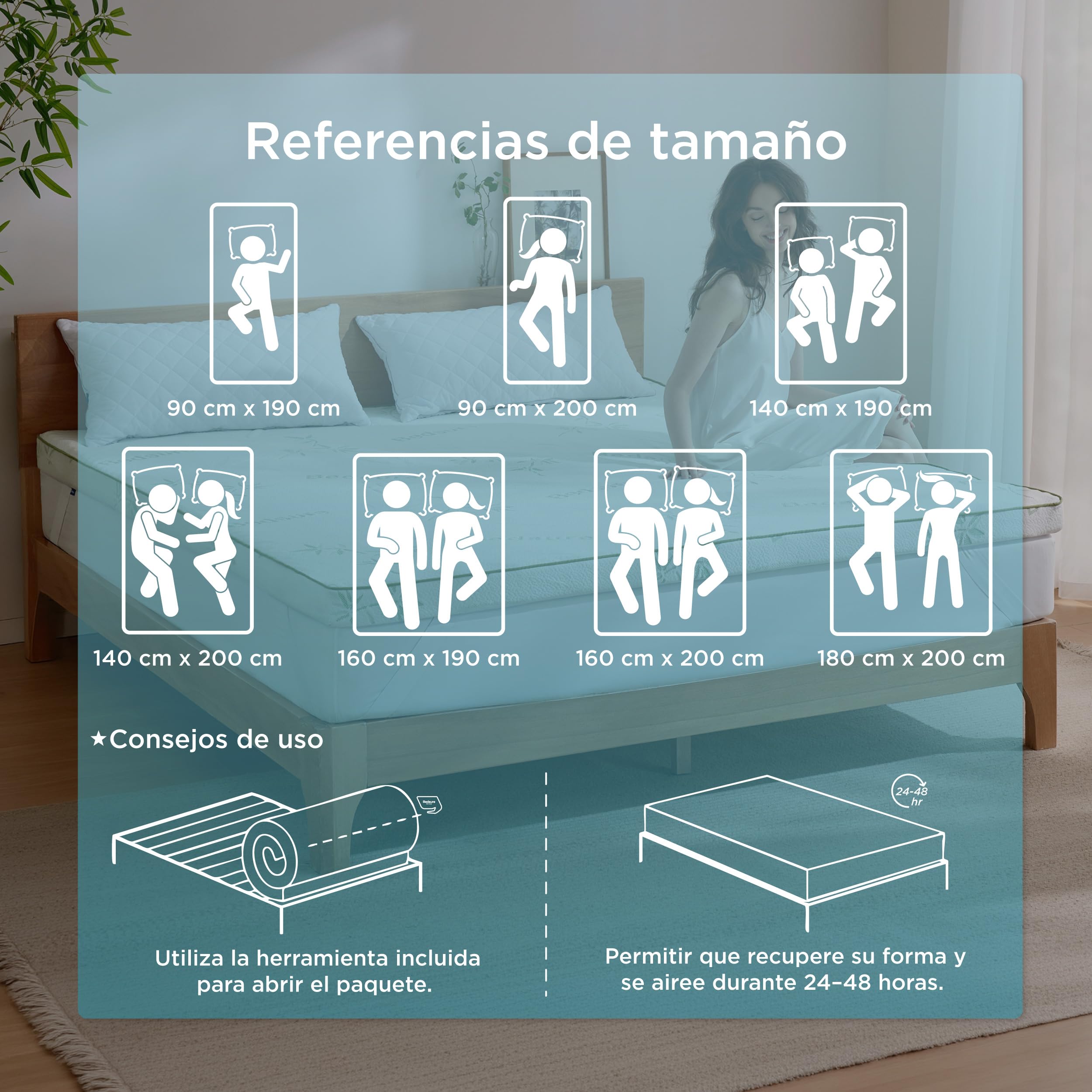 BEDSURE Topper Viscoelástico 90x190cm H2/H3 - Fibra bambú Transpirable 7cm