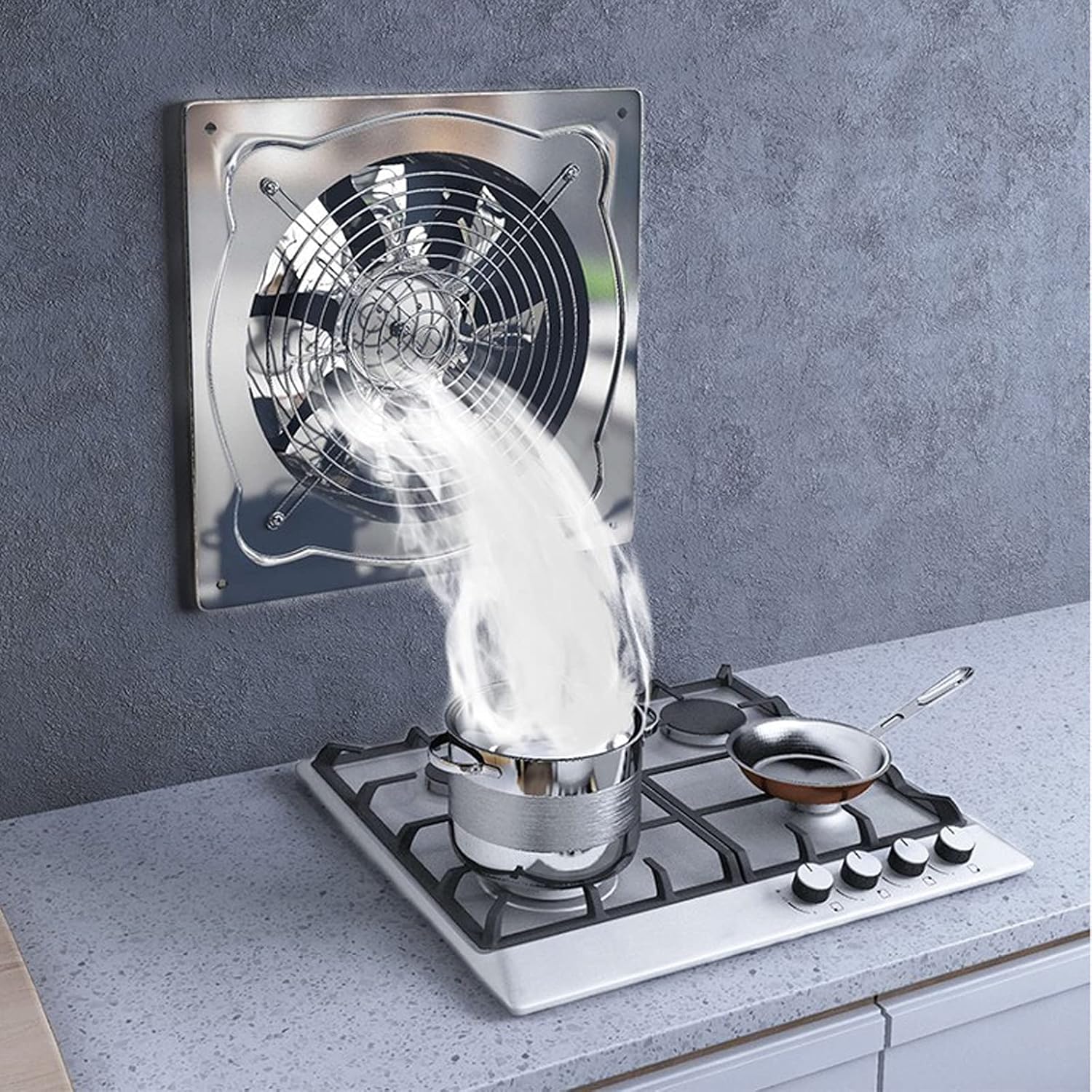 Exhaust Fan Stainless Steel Wall-Mounted Ventilating Fan with Mesh Cover and Check Valve Kitchen Fume Exhaust Fan 7-Blade Exhaust Fan, Silver, Strong Exhaust Vent Fan/Exhaust Fans ()