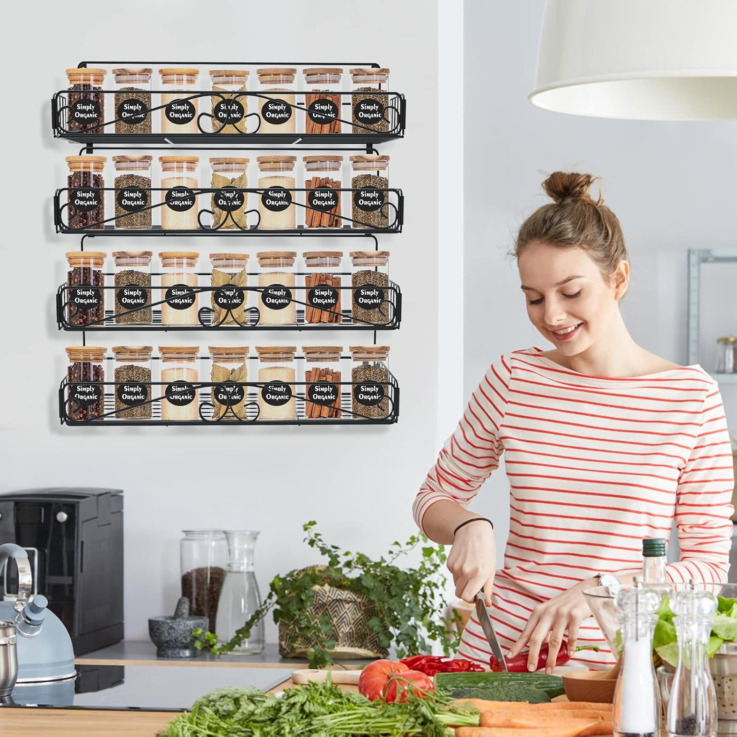Urban Deco Black 4 Tier Adjustable Spice Rack Organizer for Cabinet - Space Saving Wall Mounted Spice Rack with Hanging and Adhesive Options - Ideal Spice Shelf for Kitchen Pantry Door