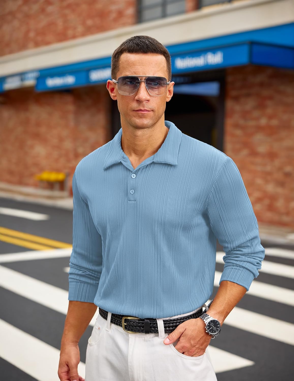 Uni Clau Mens Long Sleeve Button Down Polo Shirt Ribbed Stretch Polo T Shirt Casual Fashion Golf Shirts - Image 3