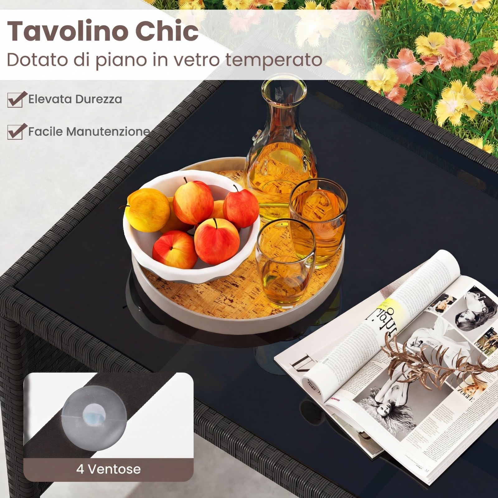 COSTWAY Set Salotto da Giardino 4 Pezzi, Divanetto e Poltrone in Rattan con Tavolino da Caffè in Vetro Temperato, Grigio