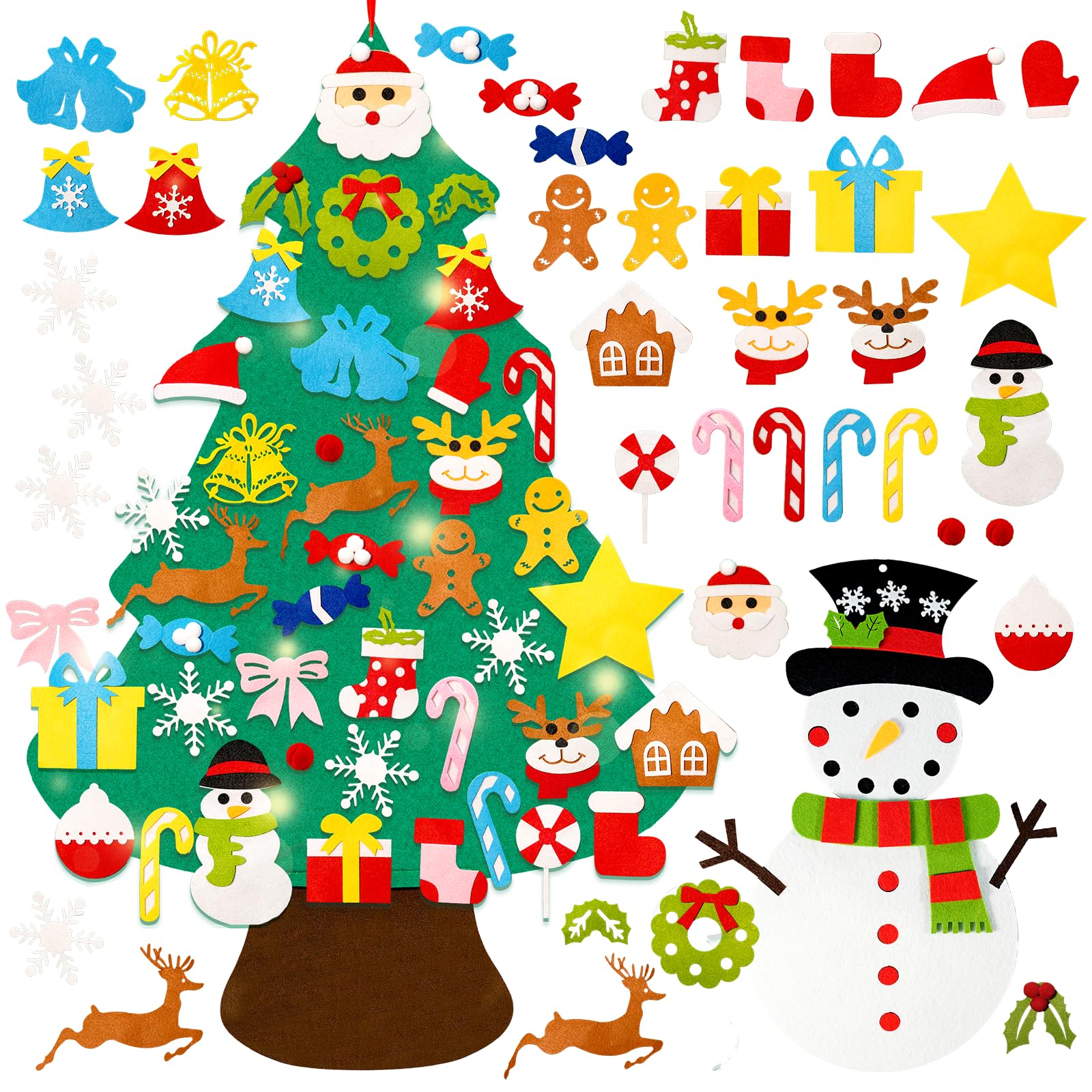 3.2ft Lighted Felt Christmas Tree Set with 40 pcs Ornaments and 16.4ft LED String Light Wall Hanging Decorations DIY Felt Tree Craft Kits for Xmas Gifts Home Door Decoration