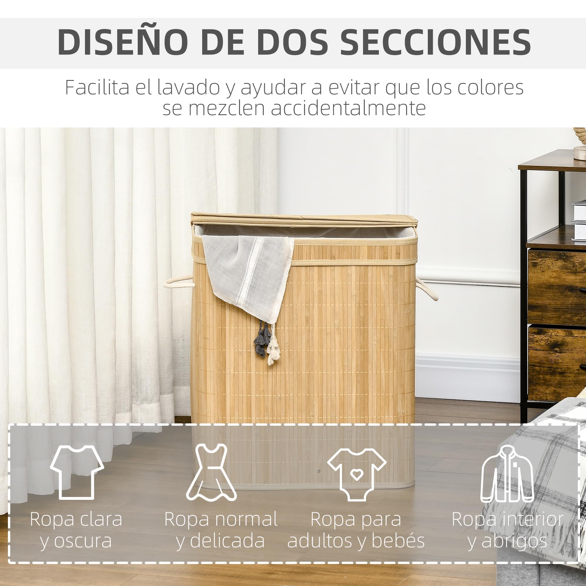 HOMCOM Cesto de Ropa Sucia con Tapa, 90L, Cesta Ropa Sucia de Bambú con 2 Compartimentos, Bolsa Interior Extraíble y Lavable, Asas, para Lavandería, Dormitorio, 54,2x35,2x59,5 cm, Natural