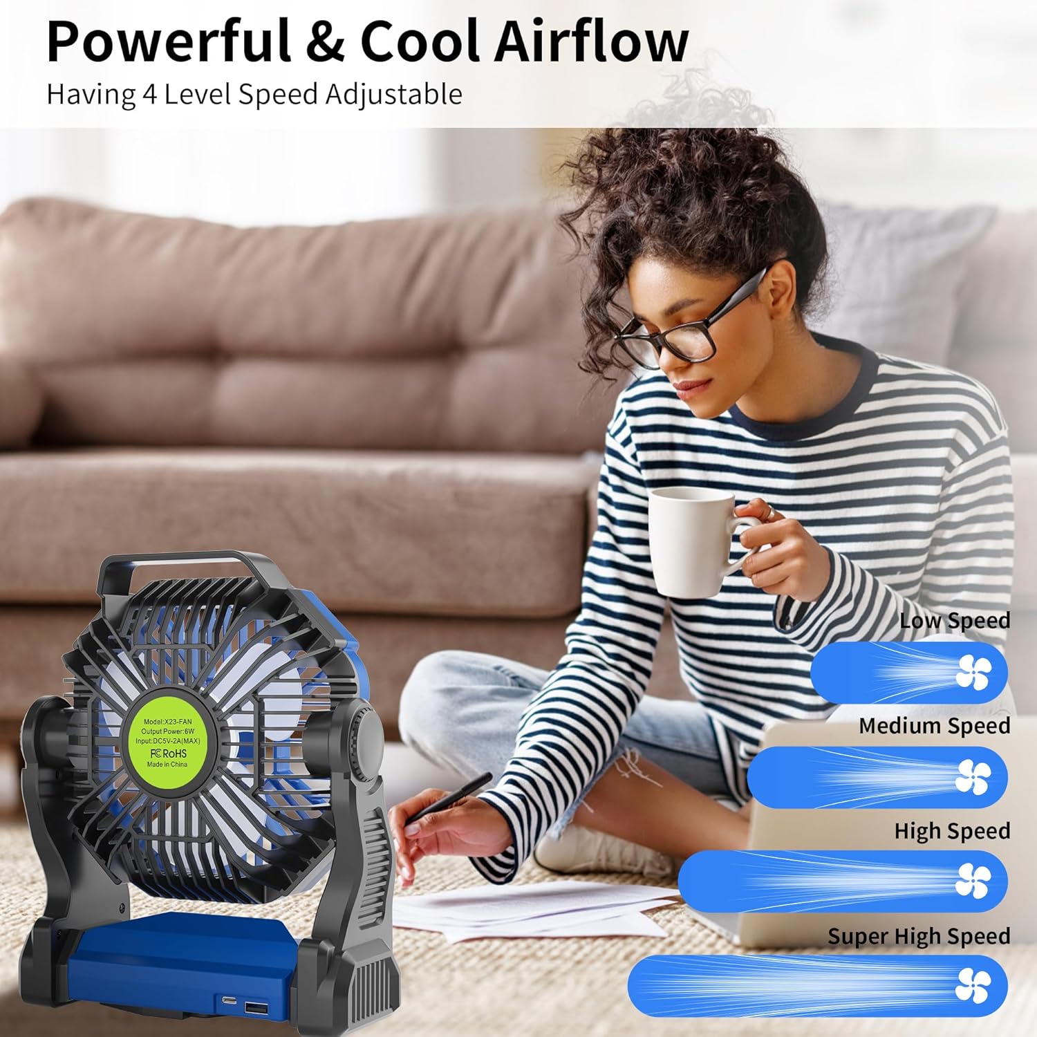 Portable Fan Rechargeable，270° Rotating Portable Cordless Battery Powered Camping Fan Rechargeable, USB Desk Personal Outdoor Camping Fans for Tents,Travel X23 Blue - Image 5