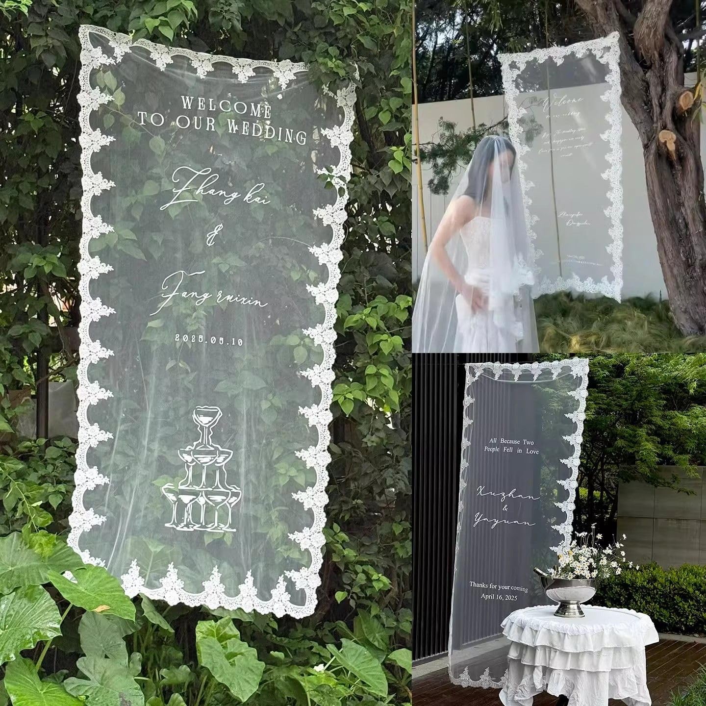 Individuelle Willkommens-Spitzenschilder, Stoffschild, personalisiertes Willkommensschild mit Spitzenbesatz, personalisiertes Spitzen-Hochzeitsschild, Hochzeitsbanner, Stoffbeschilderung, dekorative