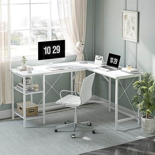 Miniatura 48 de CubiCubi Escritorio en forma de L de 59 pulgadas con puertos de carga USB y luces LED, escritorio de esquina para computadora con cajón y estante de