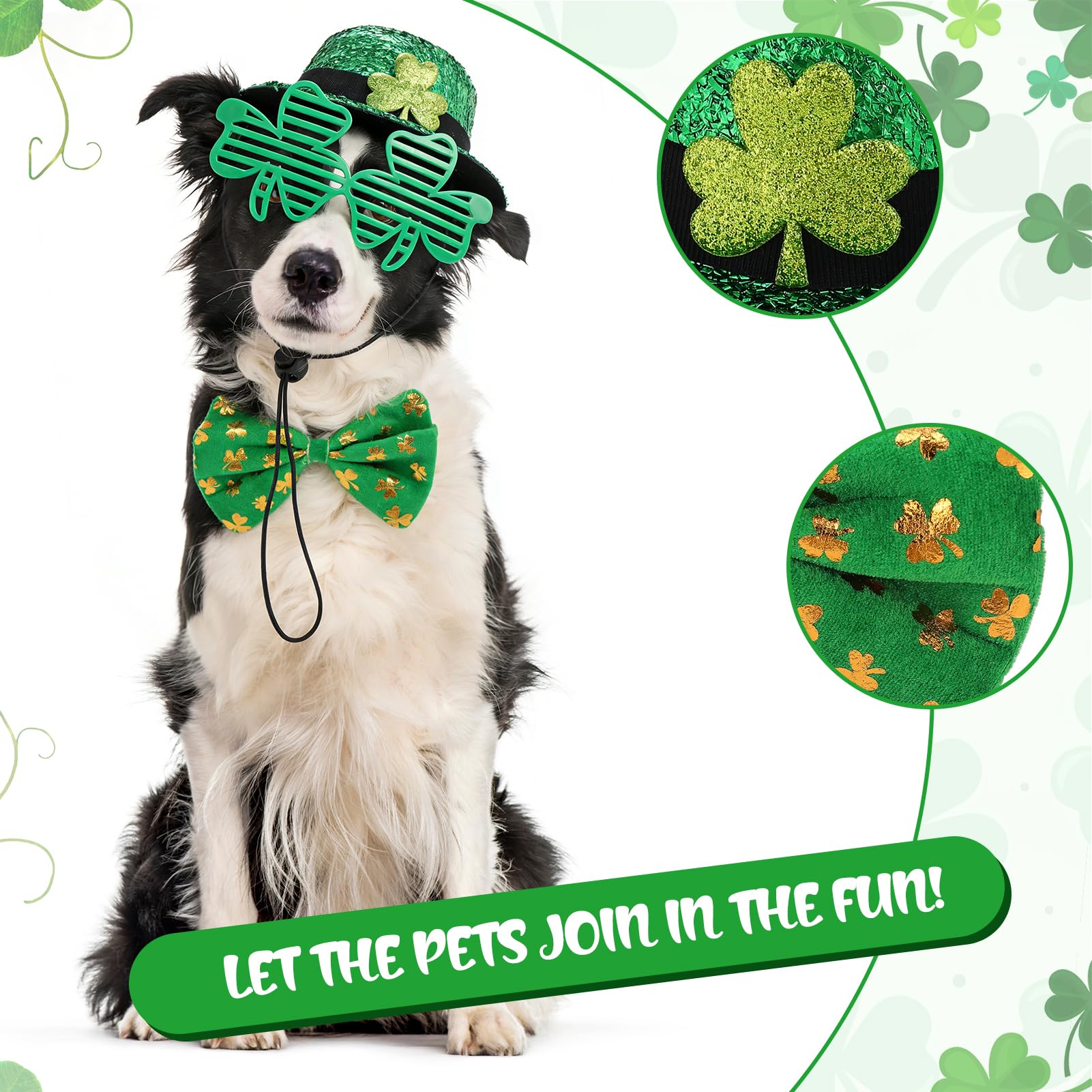4 Pack St.Patrick's Day Costume, Including Irish Green Dog Clothes Shamrock Tall Hat Bow Glasses Tie Collar for Dog Cat Outfits — view 4