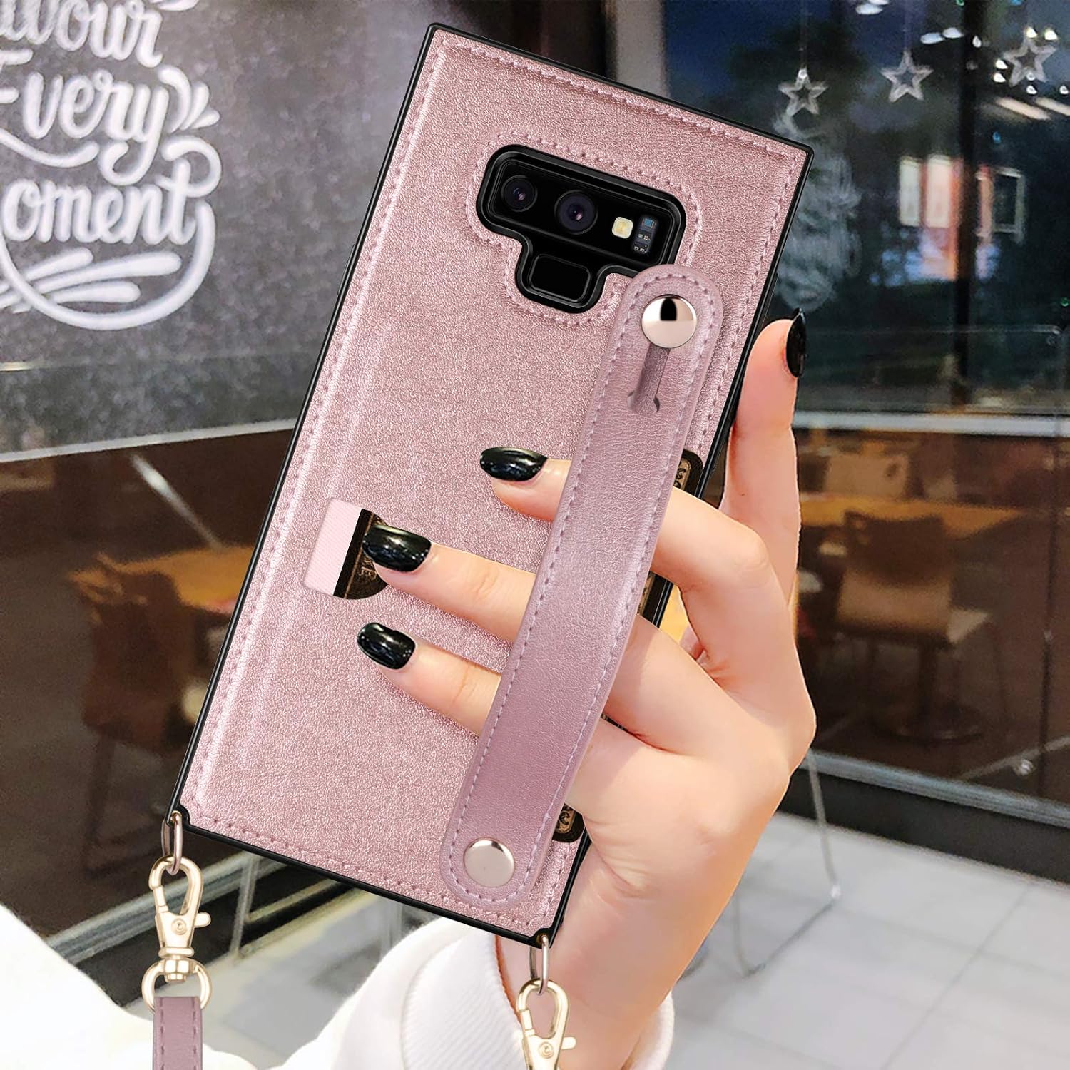 HianDier Compatible with Samsung Galaxy Note 9 Wallet Case Slim Protective Case with Hand Strap Holder Kickstand Lanyard Credit Card Slot Soft PU Leather Square Cover, Rose Gold