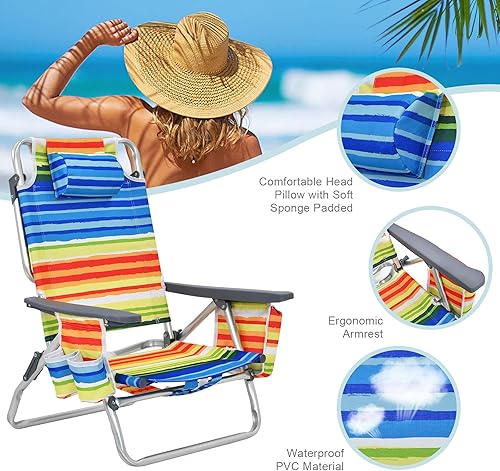 Miniatura 6 de COSTWAY Juego de 2 sillas de playa plegables con mochila y sillas reclinables para exteriores, 5 posiciones, multicolor