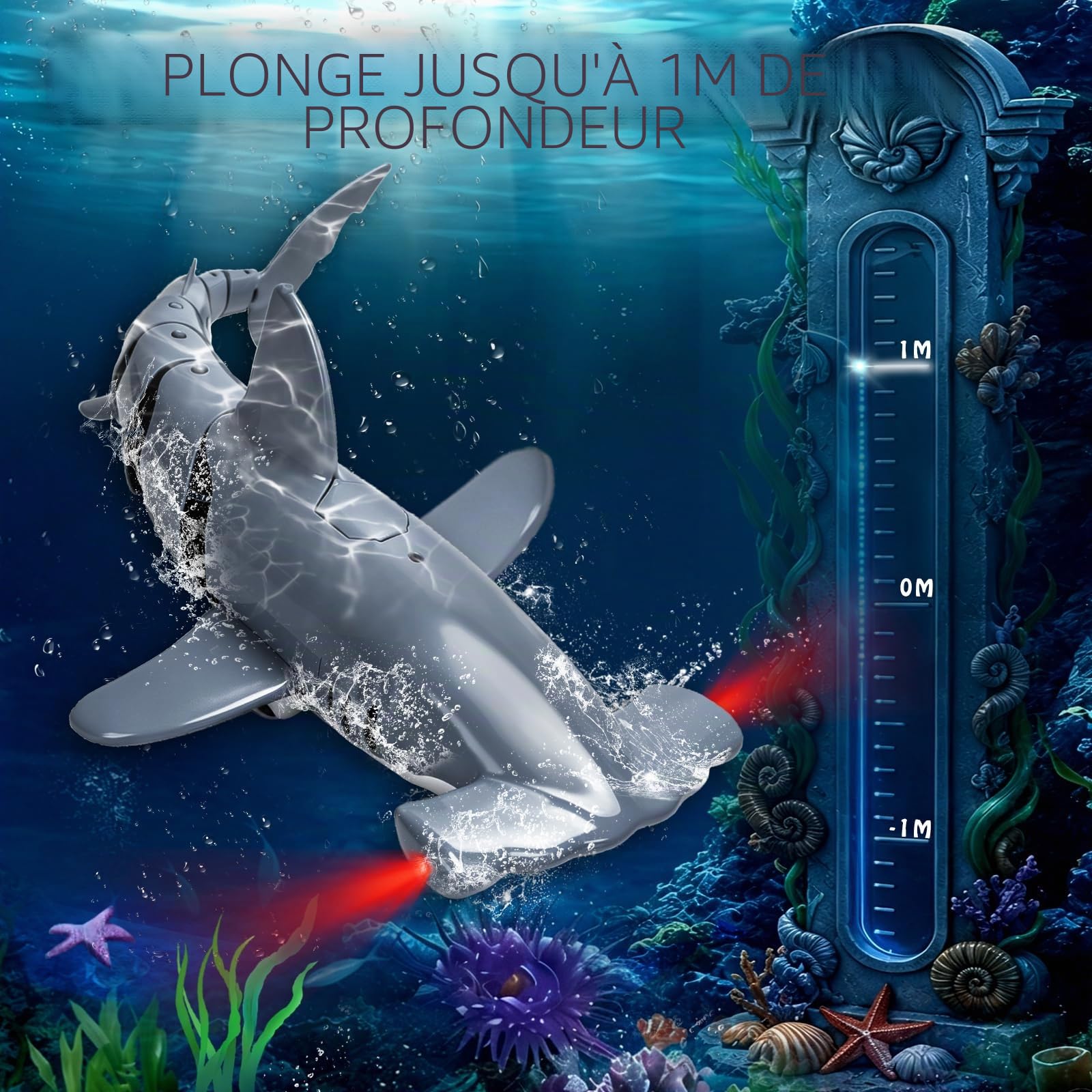 Requin Télécommandé 2.4 GHz RC Étanche avec Lumières LED pour Piscine, Baignoire (Gris)