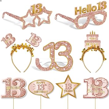 Turypaty 13th Birthday Decorations for Girls, Happy 13th Birthday Paper Eyeglasses, Headband Crowns, Photo Booth Props Party Supplies Favors, Sweet 13 Bady Selfie Props Kit Decor Pink Rose Gold 9Pcs