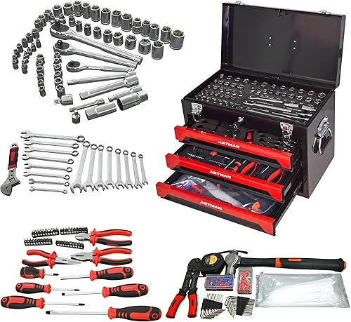 Caja de herramientas portátil de 20 pulgadas con cerradura de llave, juego de herramientas mecánicas de 439 piezas, 3 cajones y bandeja de
