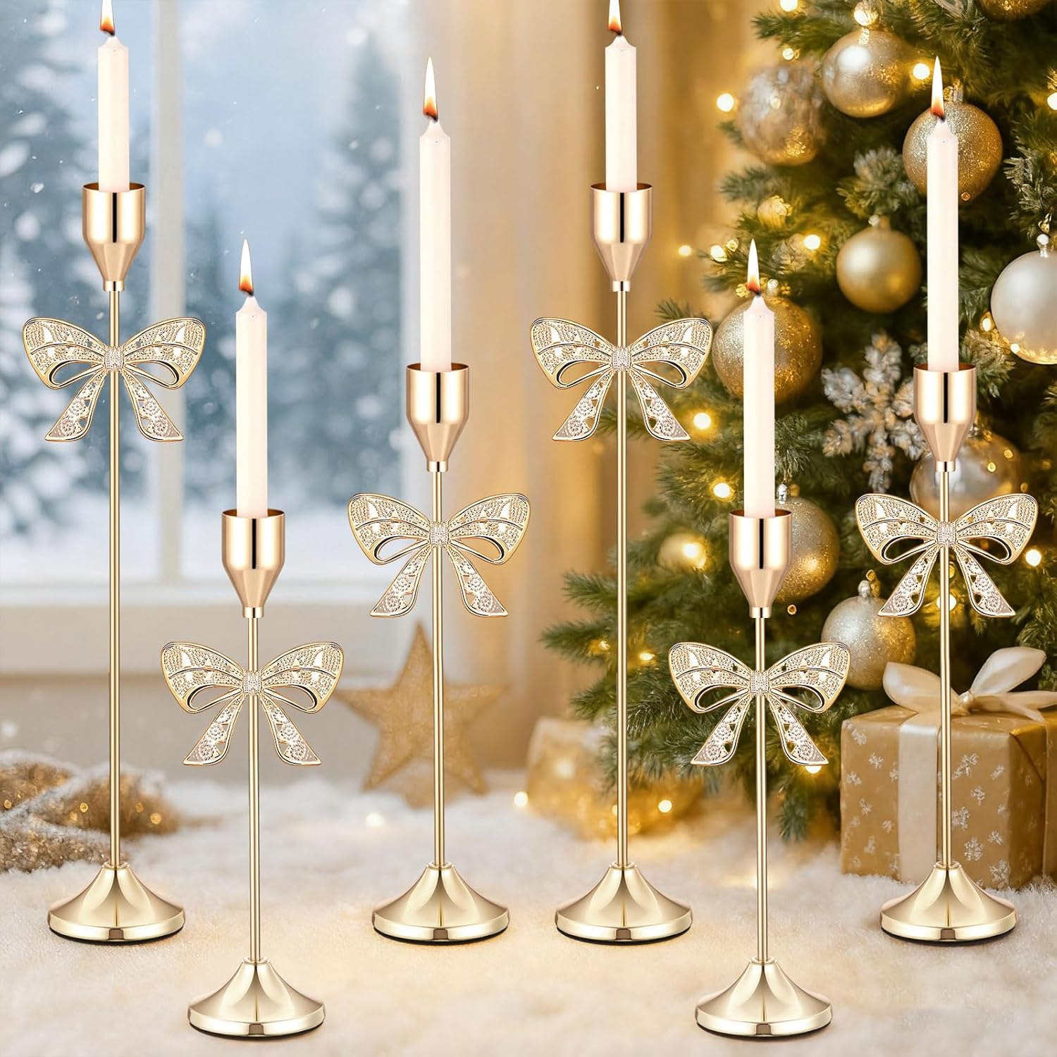 6 Pcs Christmas Bow Taper Candle Holders, 3 Size Gold Christmas Candlestick Holders, Xmas Candle Holder Vintage Decorative for Table Centerpiece Mantel Decor Holiday Housewarming Gifts 6 Bowknot