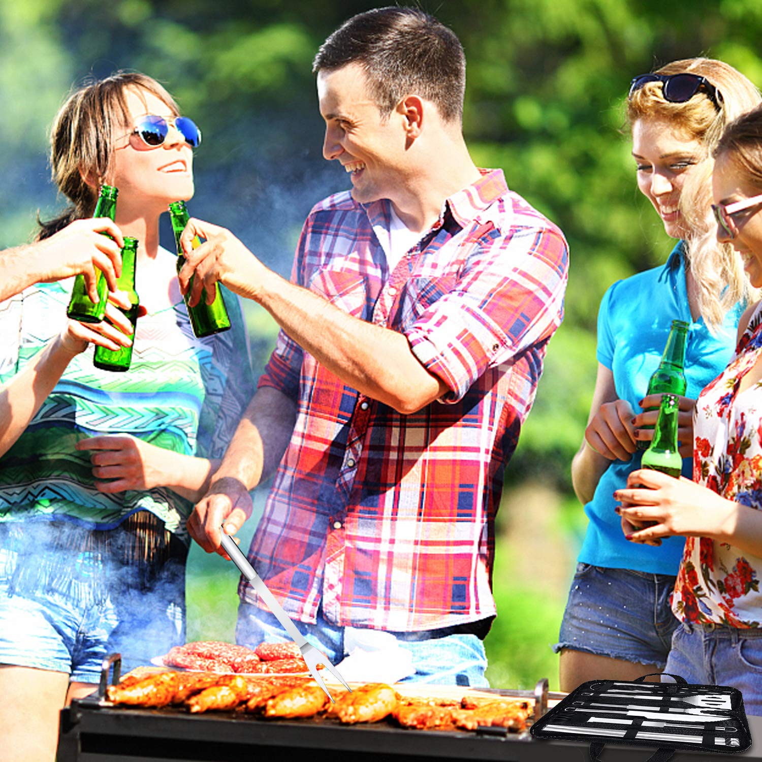 Outil de Barbecue en Acier Inoxydable Portable avec étui de Transport pour Camping