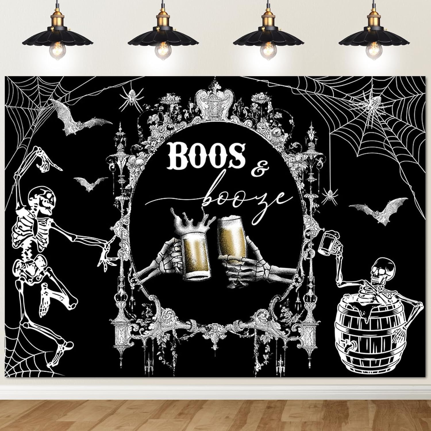avezano 8x6ft halloween boos and booze backdrop skeleton halloween banner adult cocktails and costume party decorations (black) 94x71in black