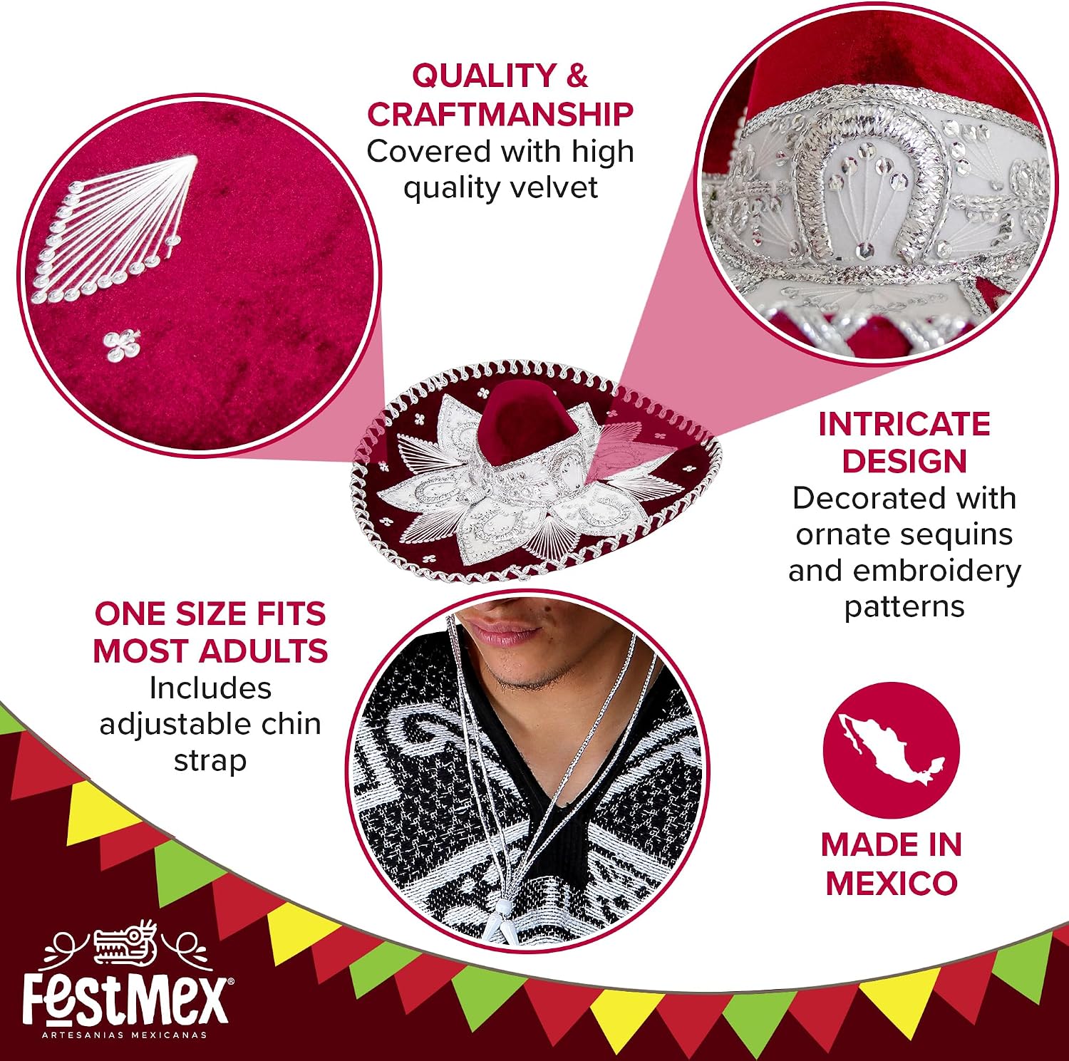Authentic Adult Mexican Sombrero Mariachi Charro Hat, Mexican Hat for Costume Parties, 5 de Mayo, 16 de Septiembre (Burgandy and White)