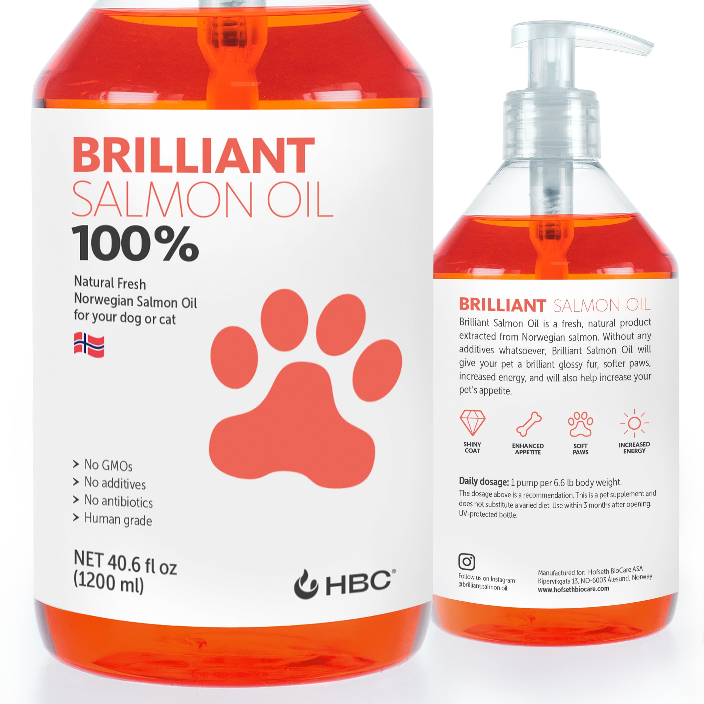 Brilliant Omega 3 Salmon Oil for Dogs & Cats - Norwegian Fish Oil Supplement with EPA & DHA Fatty Acids for Shedding, Allergy, Itching, Dry Skin & Joint Health - Skin and Coat Fish Oil Liquid, 40 Oz