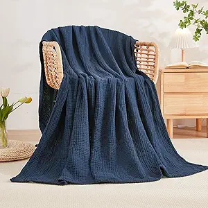 EMME Cotton Blanket Twin XL for Bed Soft Muslin Blankets 66"x90" Lightweight Breathable Layering Bedspread Coverlet All Season Gauze, Navy
