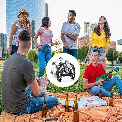 Miniatura 7 de Pandereta de doble fila, paquete de 2 panderetas de 10 pulgadas para adultos, instrumento musical de media luna con 20 jingles de metal, percusión