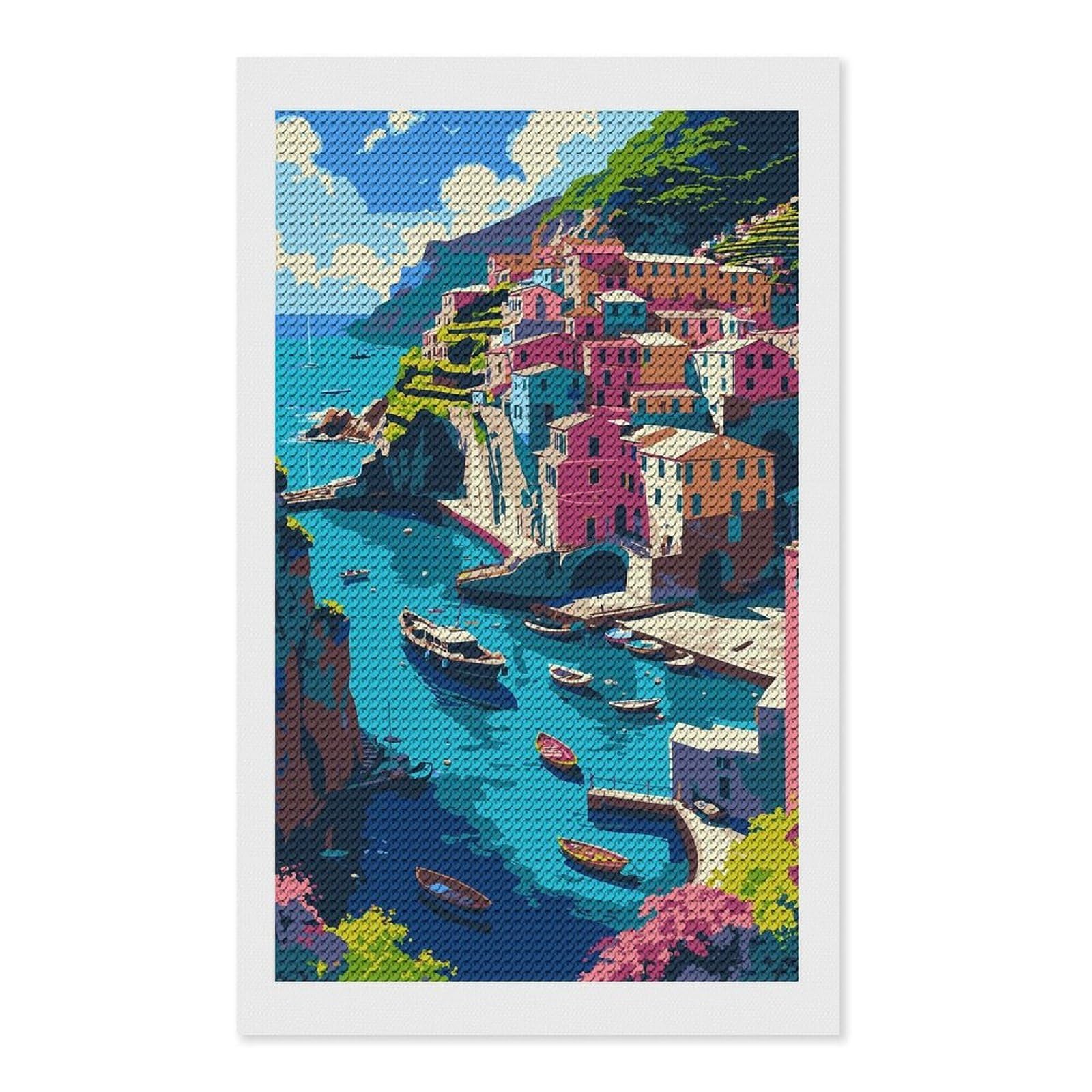 Junmoney Colorful Coastal Village Illustration DIY Diamond Art Canvas Kit 12"x20", Adhesive Canvas, Easy to Enjoy, Farmhouse Decor, Festive Craft Gift