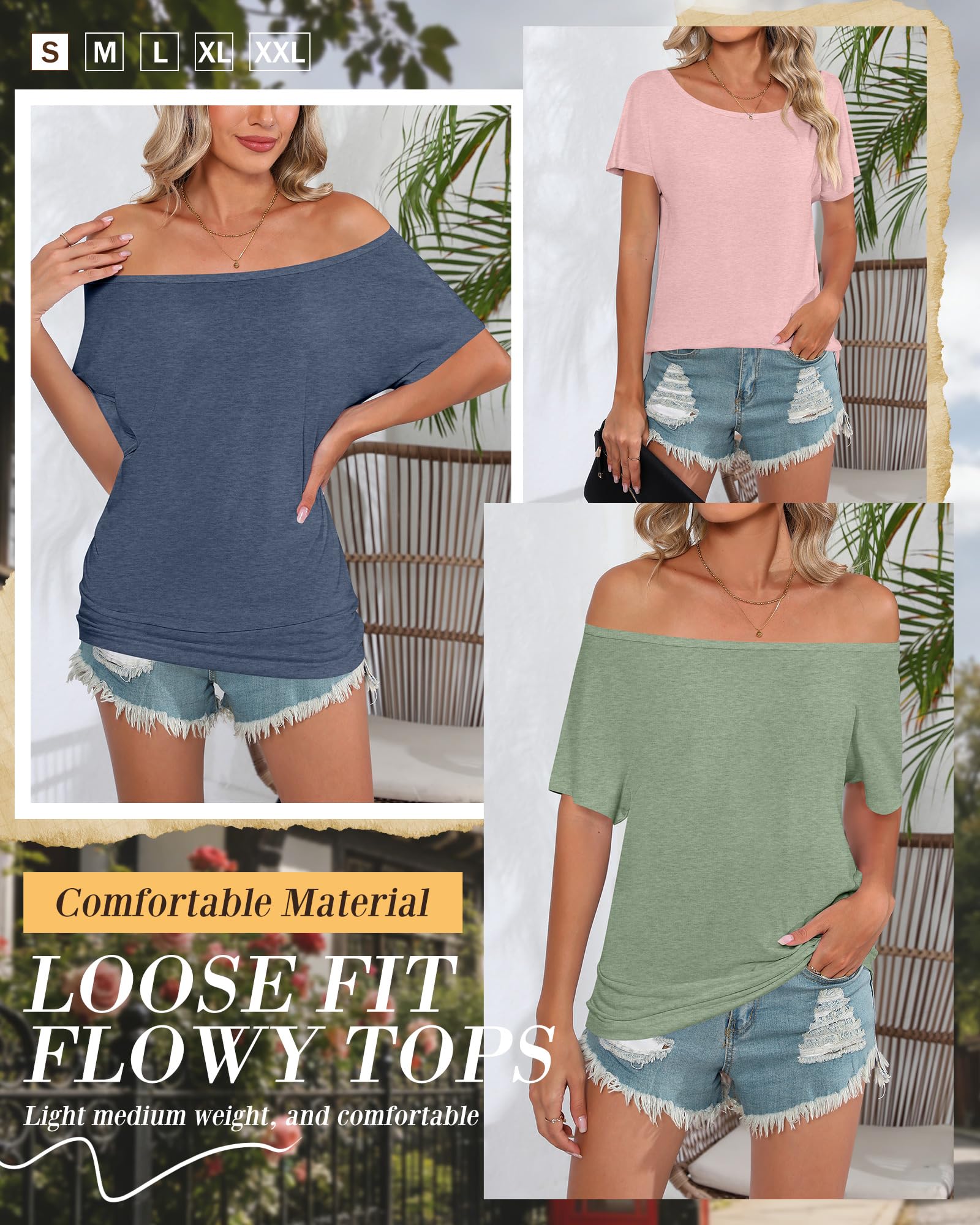 Riyiper - Confezione da 3 Magliette da Donna con Spalle Scoperte, Top Ampi e fluidi a Maniche Corte, t-Shirt Casual estive