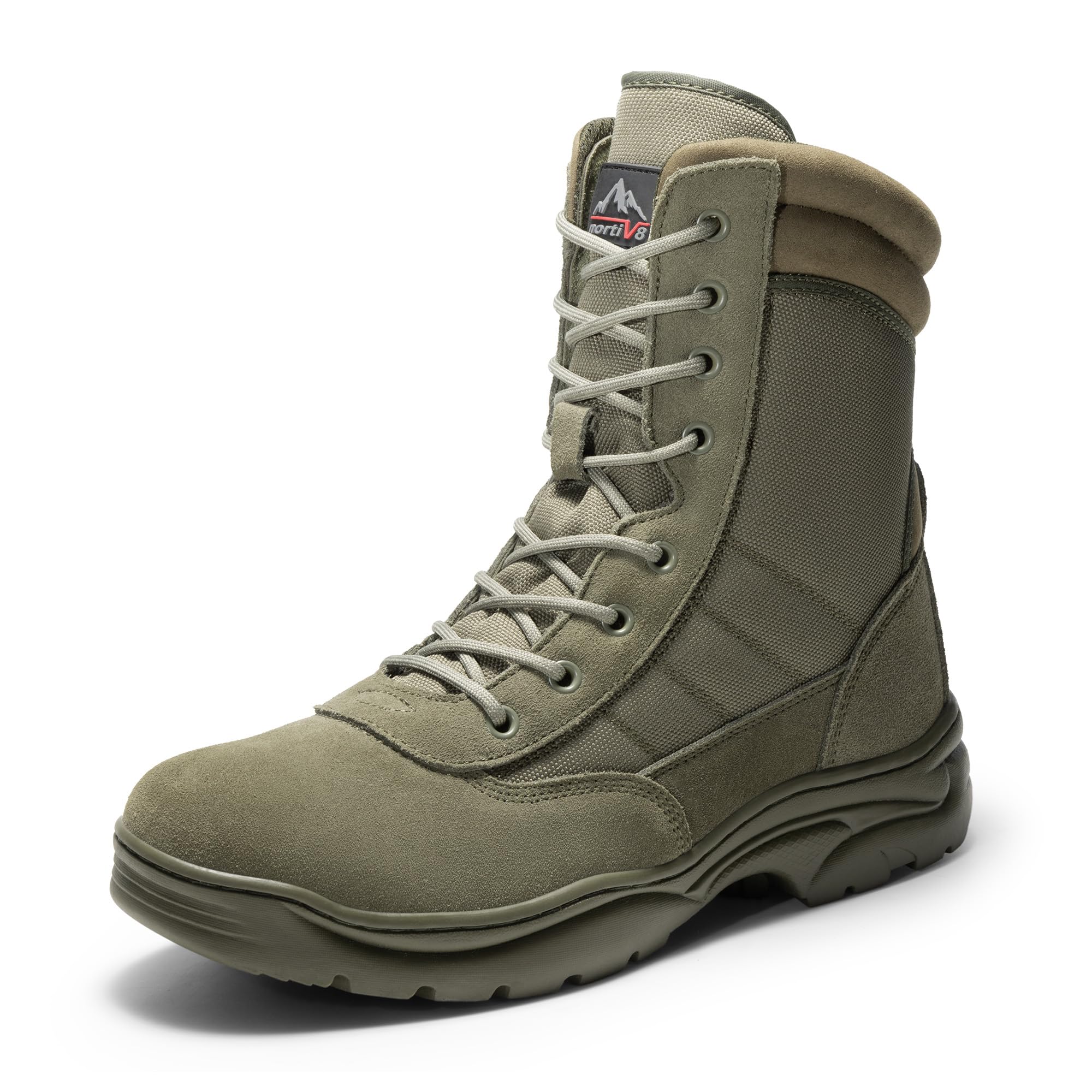 NORTIV 8 Stivali tattici militari da lavoro, da uomo, con cerniera laterale, in pelle, da moto, da combattimento (15-20 cm), Verde militare, 41.5 EU
