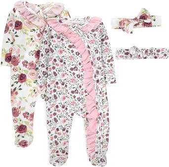 Baby Essentials Baby Girl Sleepers,4 Piece Outfit Set, Romper Footies and Headband All Season Baby Clothes Gift Set