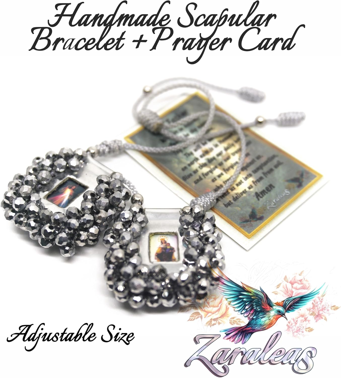 Catholic Scapular Bracelet Handmade Murano Stone Wristband of Sacred Heart of Jesus, Holy Virgin of Carmen, St. Michael Archangel. 3cm x 3cm by Zaraleas (Silver/Silver) - Image 3