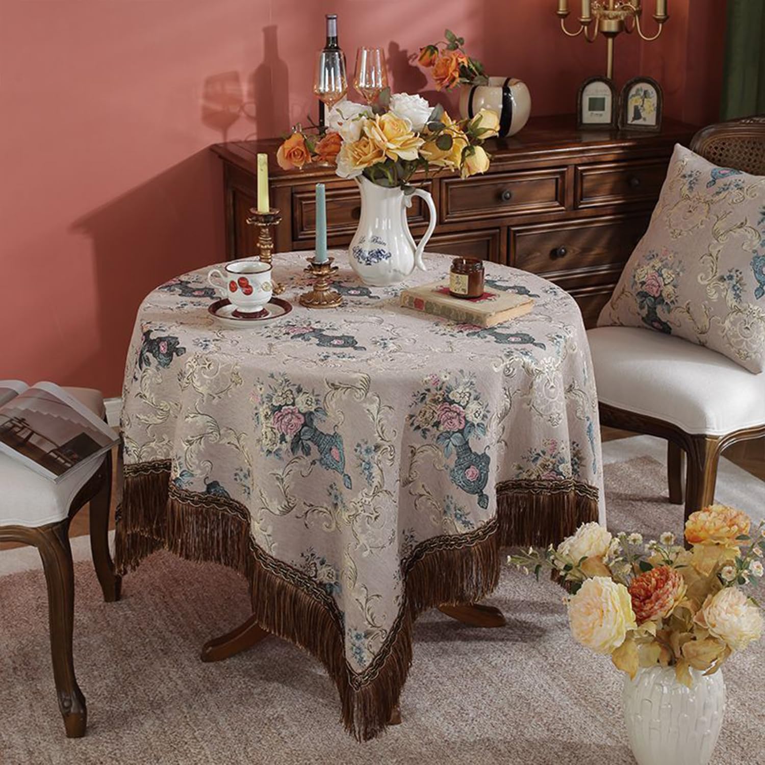 VOLURE Vintage Lace Tablecloth, Floral Square Tablecloth with Tassels Soft Chenille Multicolor Sizes 90-130cm(Brown,90x90cm)