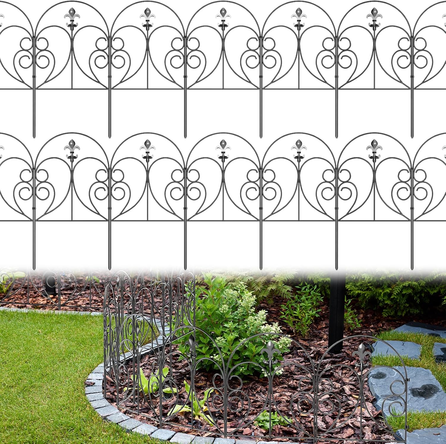 PINPON Artistic Line Decorative Garden Fence 19 Pack, 24in(H) x 20ft(L) Rustproof Metal Animal Barrier Fencing- Landscape Border for Yard, Patio, Flower Beds | Easy Snap Assembly, Arched Design