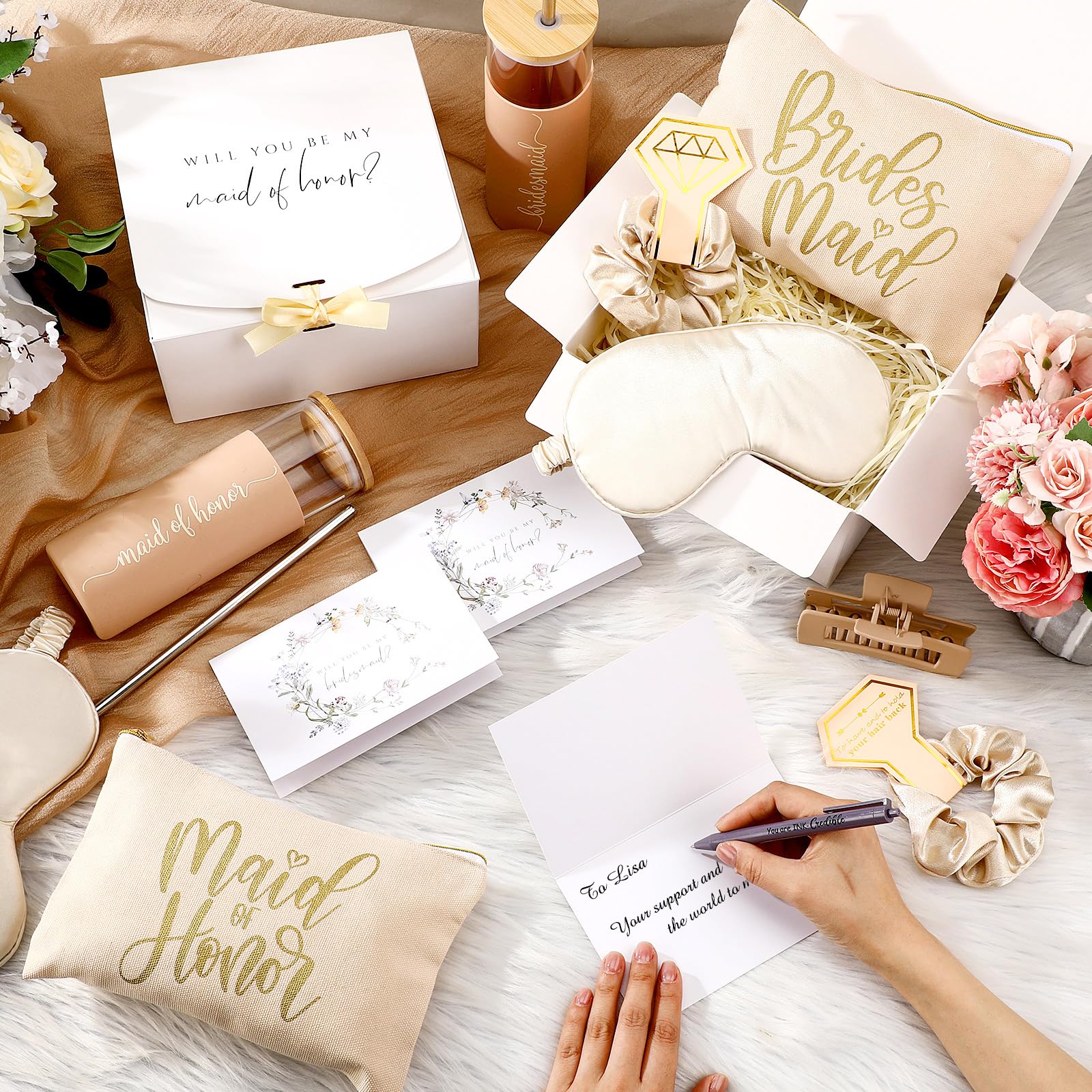 Tioncy 42 regali per proposte di damigella d'onore, include scatola regalo per addio al nubilato, matrimoni, sacchetti per il trucco, biglietti invitati, bicchieri con coperchio e paglia, elastici per
