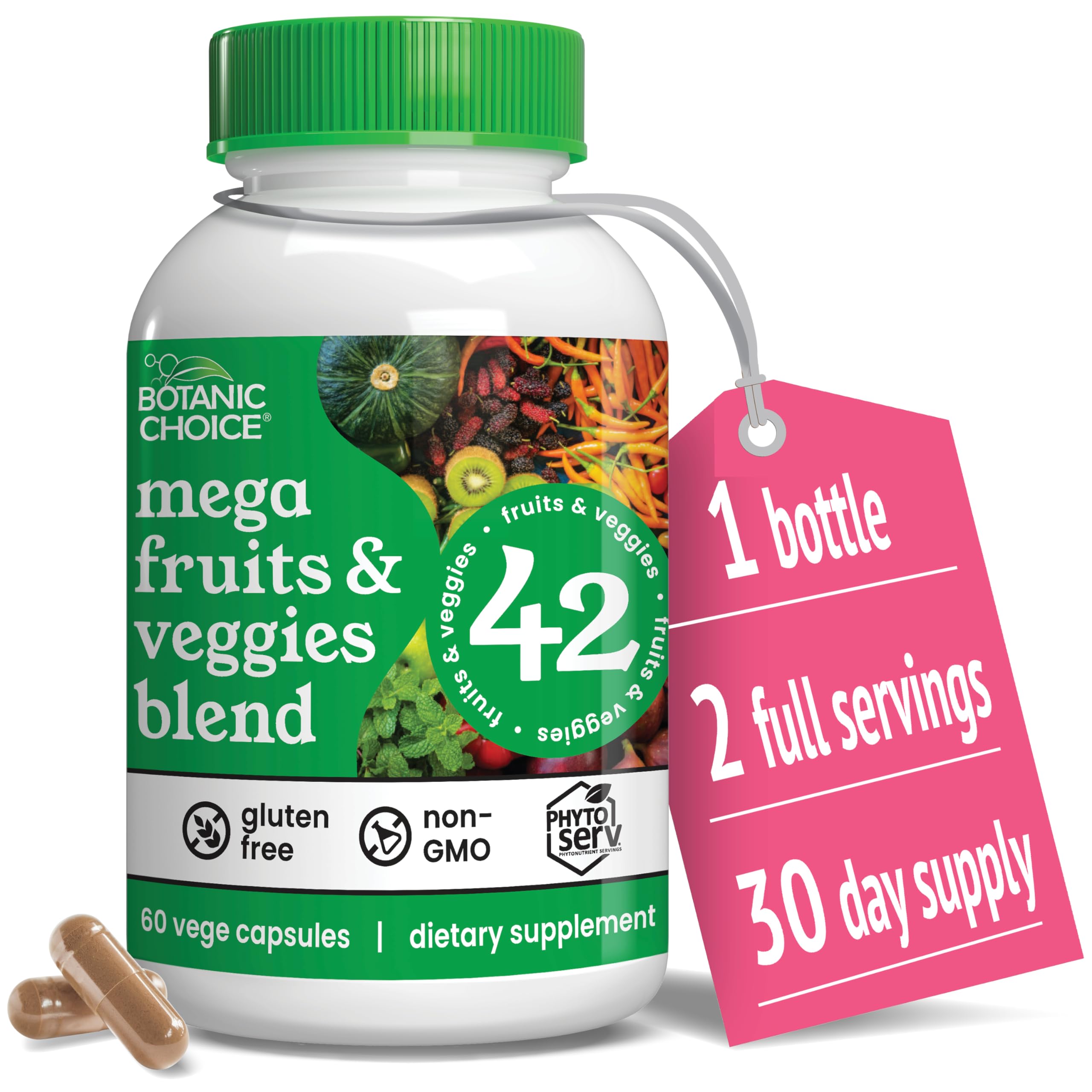 Sponsored Ad - Botanic Choice Mega Fruits and Veggies Blend - 42 Fruit & Vegetable Superfood Capsules - Elderberry, Chlorella, Kale - Supplements - 60 Capsules