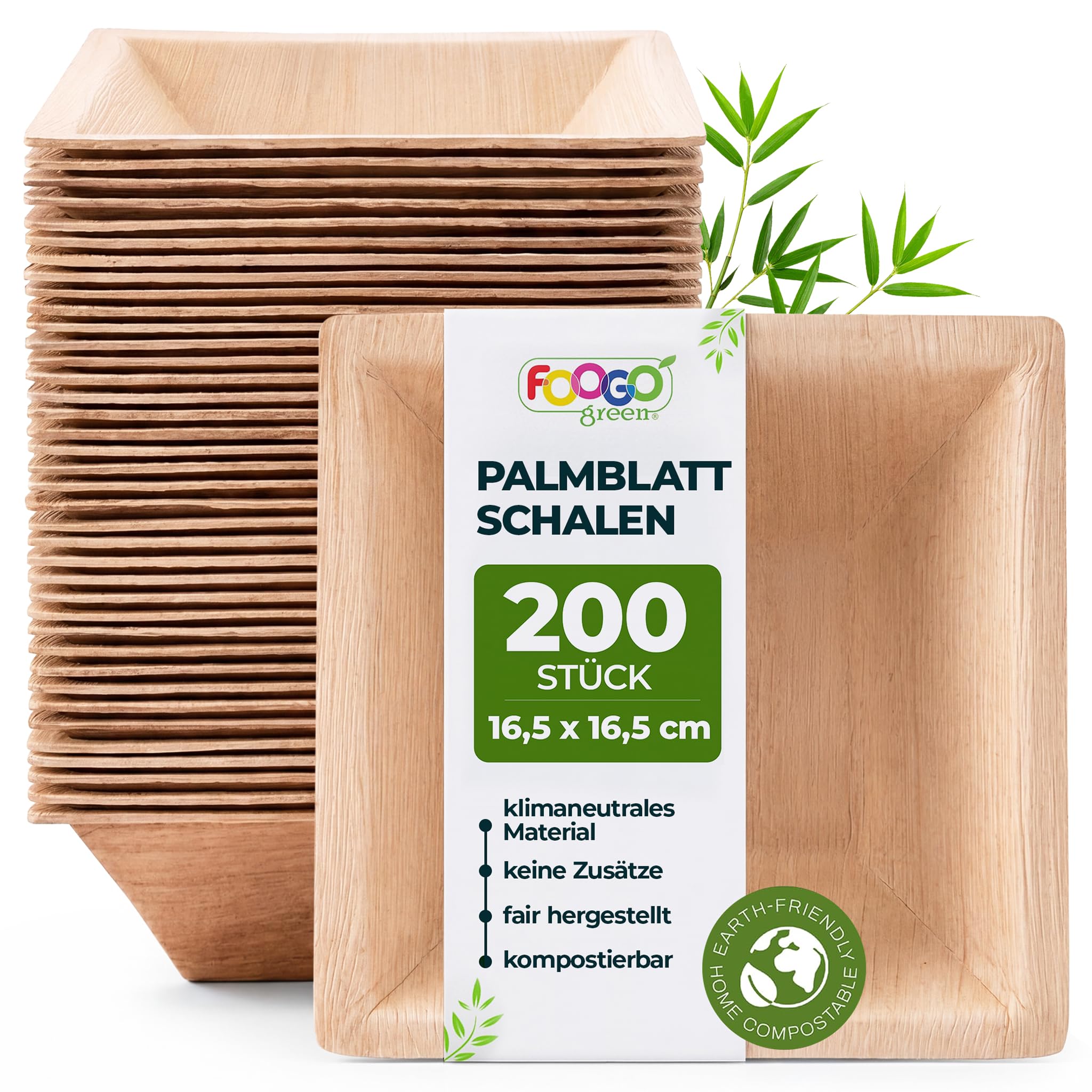 FOOGO Green 200x Palmblatt Schalen eckig 600 ml 16,5x16,5 cm