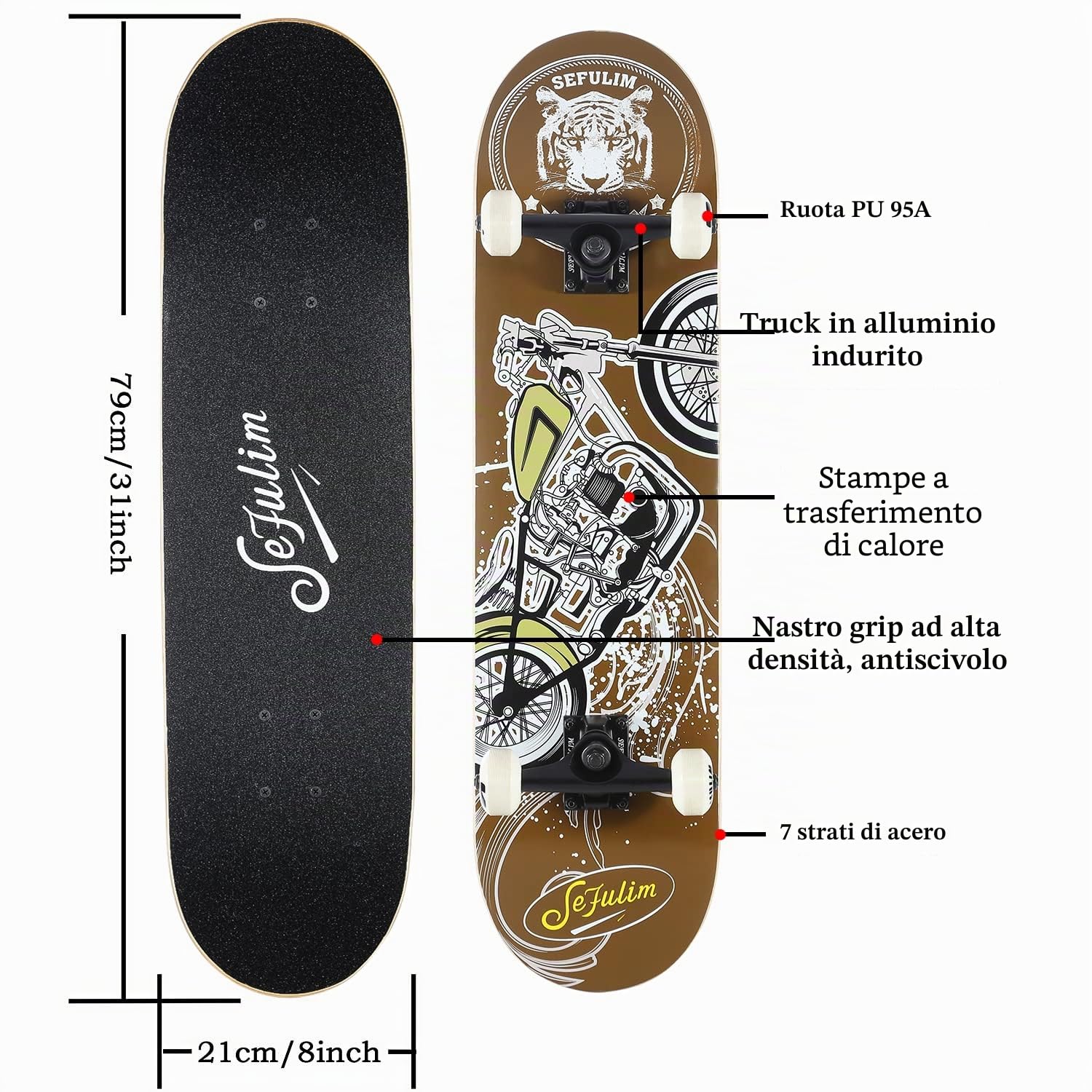 31x8 Pollici Skateboard Completo 7-strati Acero Canadese Doppio Kick