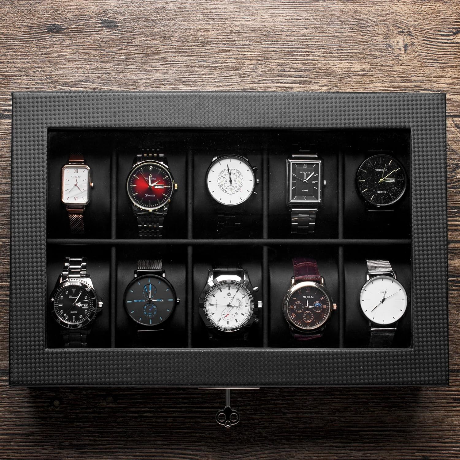 BDJ108BLACK Boîte à montres 10 compartiments de rangement en cuir synthétique avec verre et serrure pour montre homme et femme Noir