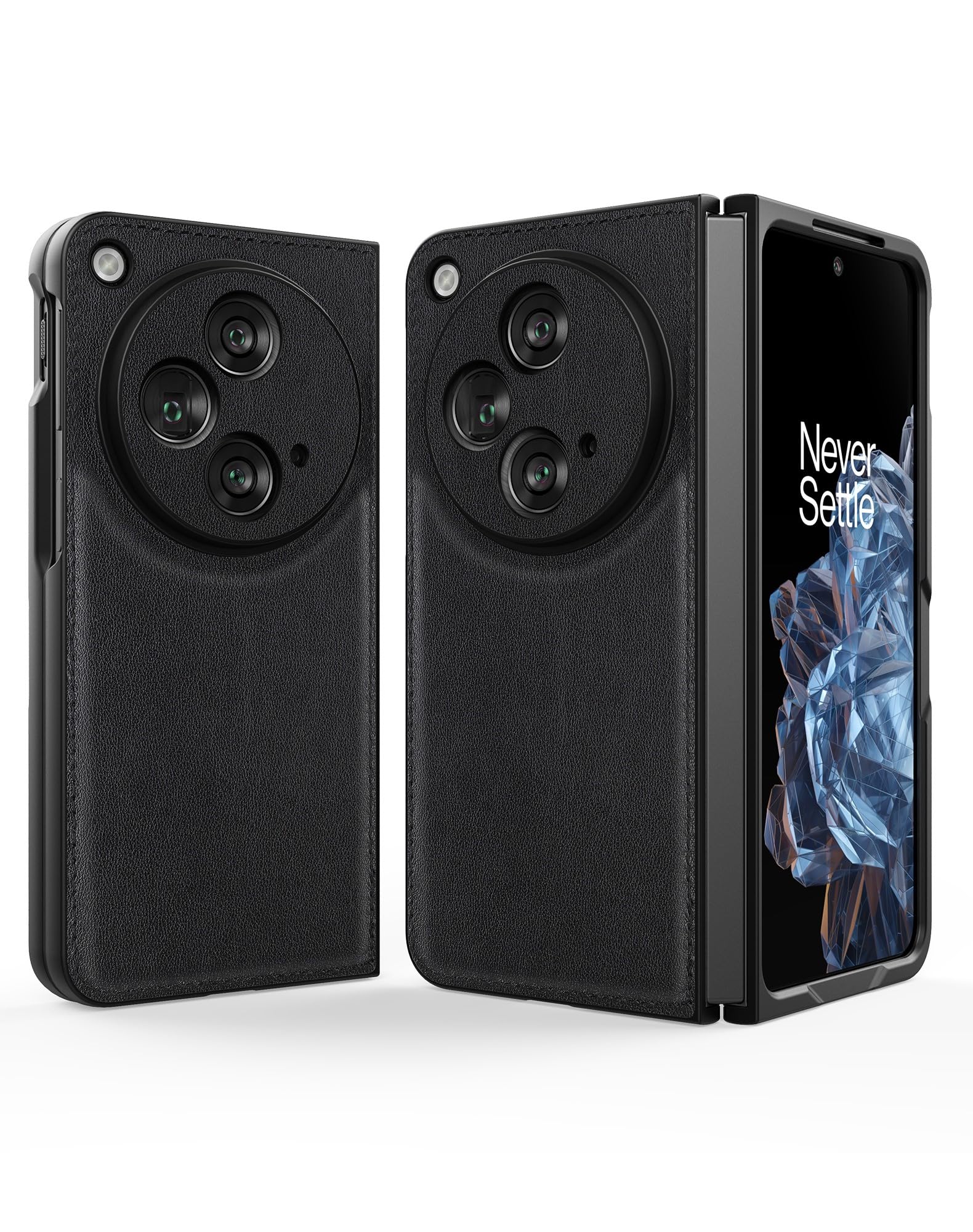 Case for OnePlus Open, Genuine Leather + Hard Polycarbonate Bumper Phone Case for OnePlus Open - Black