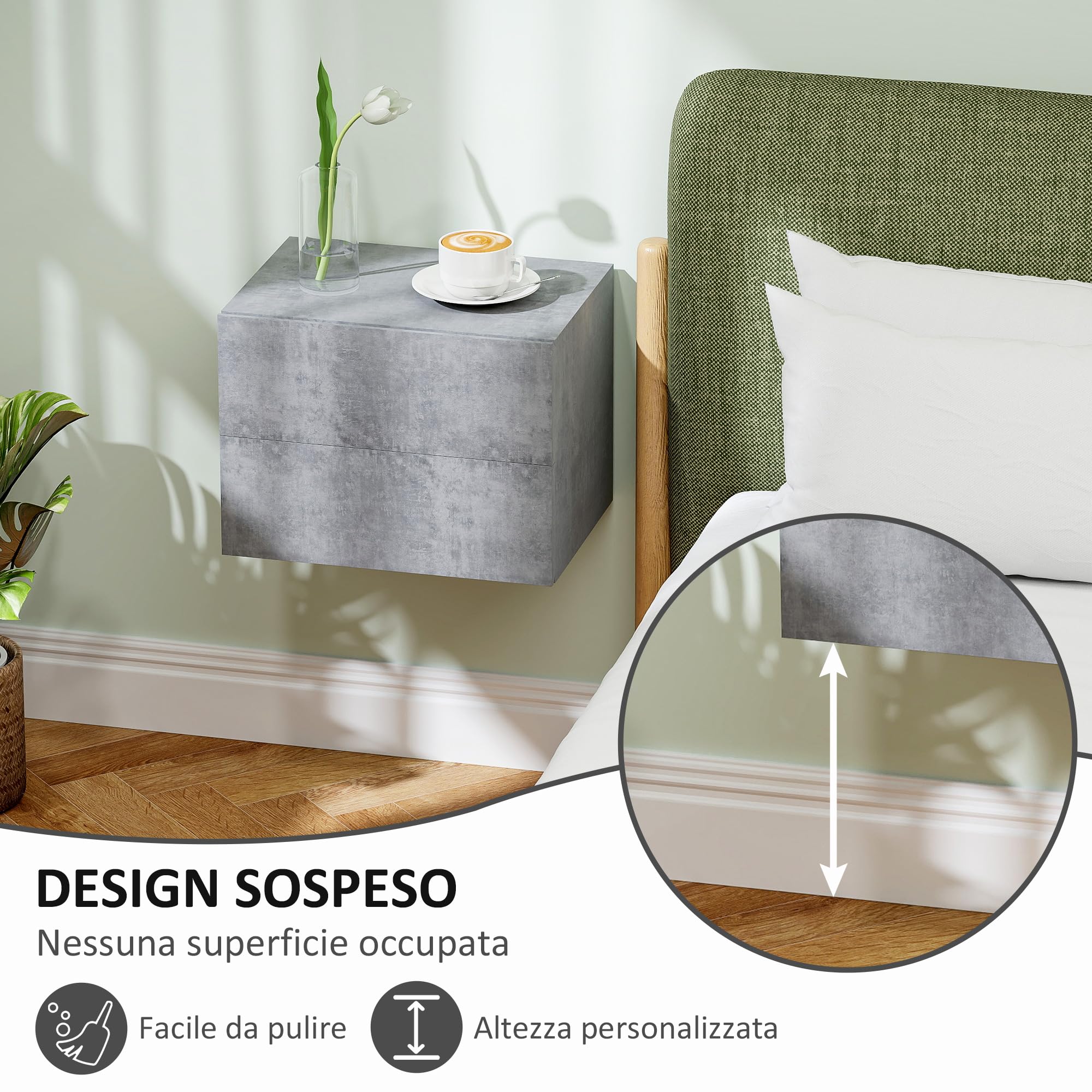HOMCOM Set di 2 Comodini Sospesi con 2 Cassetti 40x29x30 cm Grigio Cemento | Comodini Camera da Letto, Tavolini Salvaspazio da Salotto