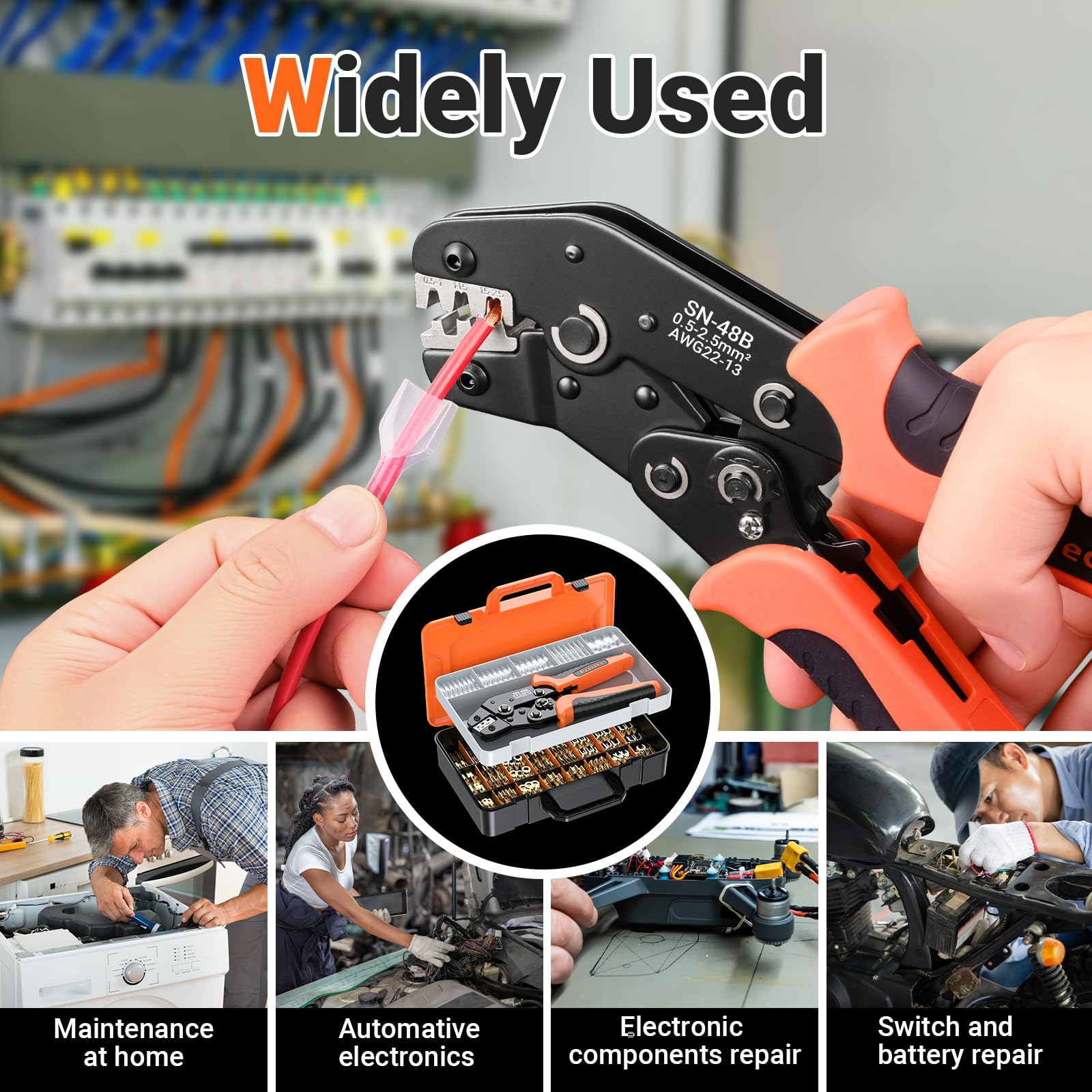 Kit Pince à Sertir Cosse Electrique, Preciva 0.5-2.5mm²/AWG22-13 Sertisseuse à Cliquet avec 690pcs Connecteur Bêche, Pinces a Cosses Non Isolée pour Les Travaux Électriques