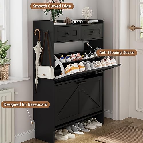 Miniatura 5 de Zapatero con 2 cajones abatibles y 2 cajones superiores, 43 pulgadas de alto, organizador de almacenamiento de zapatos estrecho de madera para