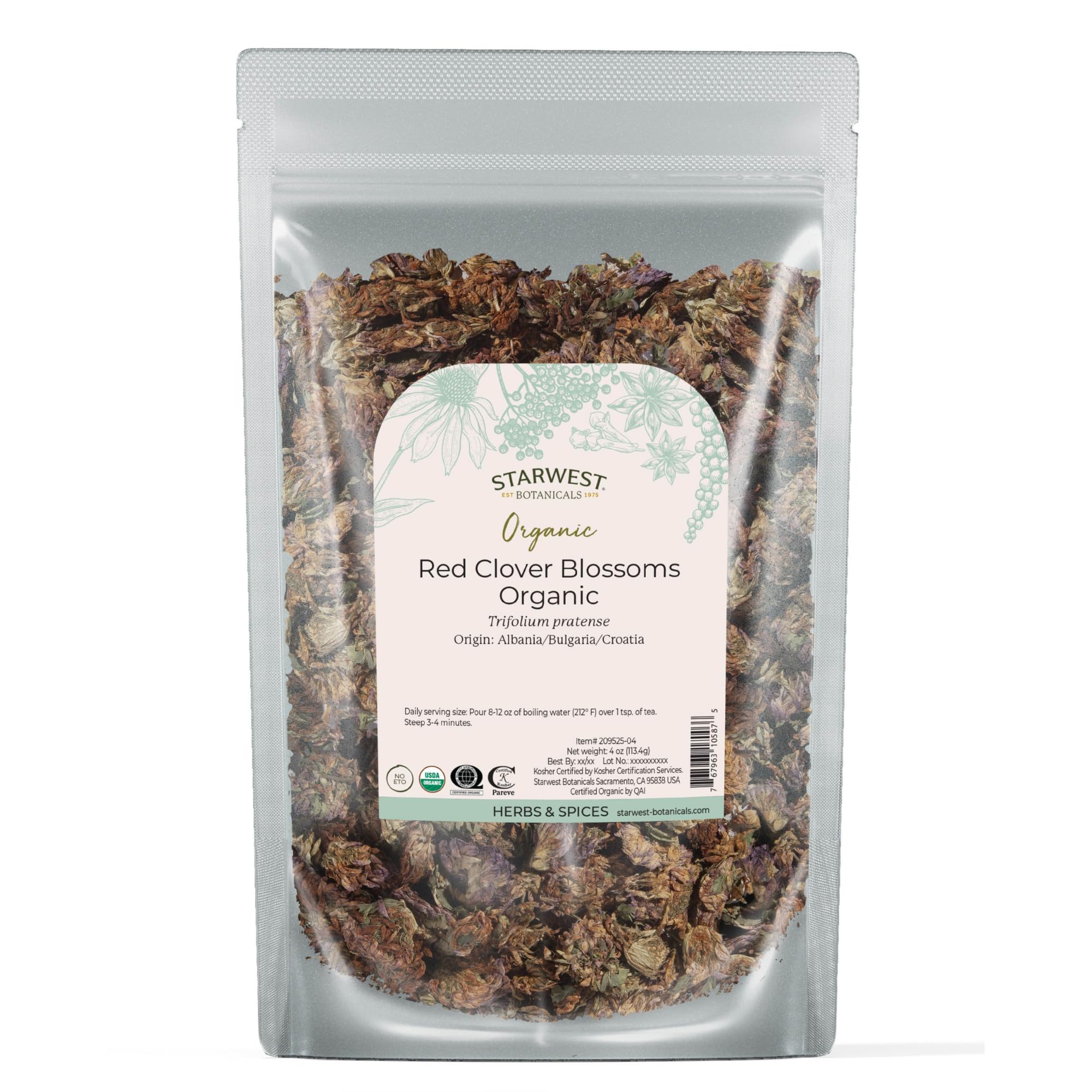 Starwest Botanicals Red Clover Blossoms Whole Organic - Dried Loose Leaf Herb for Tea, Edible Flowers, Natural Wellness Support for Women & Men, Certified Kosher, Non-GMO - 4 oz Pouch