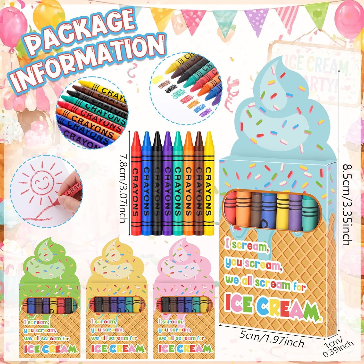 Flutesan 24 Packs/ 192 Pcs Ice Cream Party Favors Crayons Bulk Gifts for End of Years Gifts Graduation Summer Birthday Goodie Bag Fillers Stuffers, 8 Colors