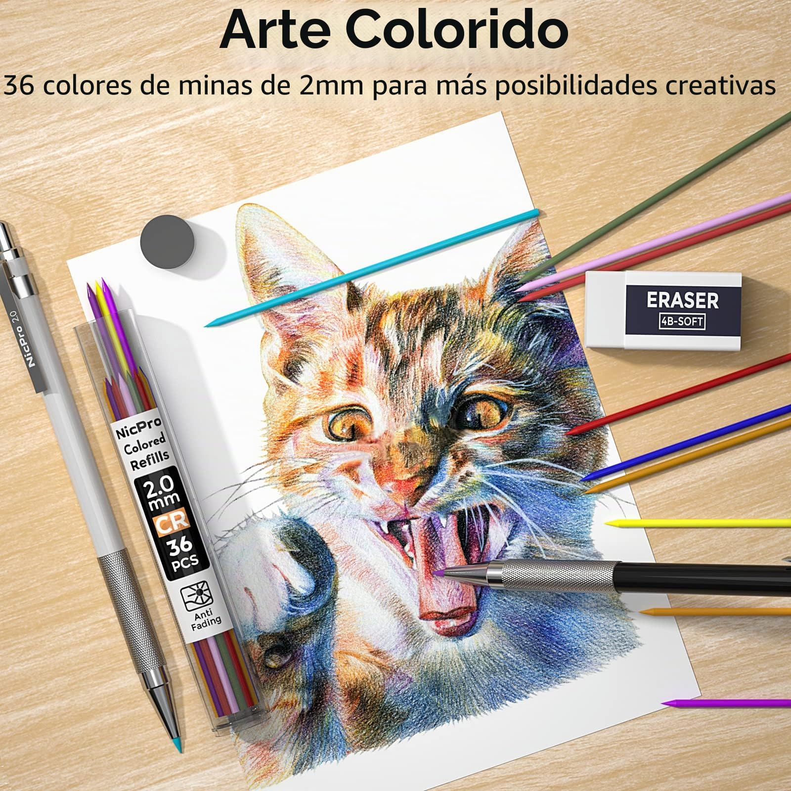 Nicpro 5 Piezas Metálica Portaminas 2mm - Cuero Estuche, Recargas color & negro (HB 2H 4H 2B 4B), Borrador, Sacapuntas para Artistas Proyectos de dibujo, Arte Escritura, Manualidades, Carpintero.