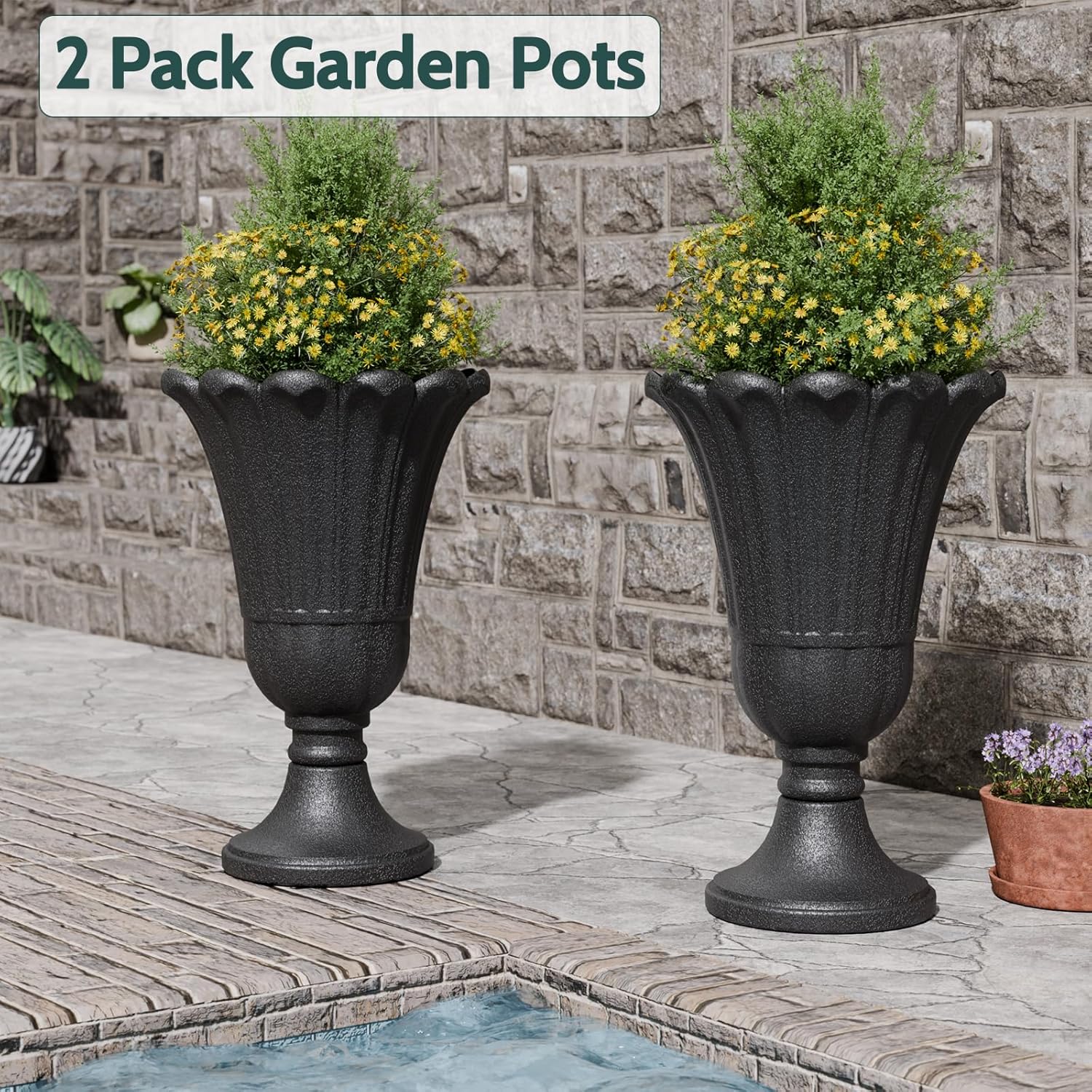 23.6" Tall Plastic Urn Planters for Outdoor Plants, Set of 2 Heavy-Duty Classic Indoor Large Flower Pots with Drainage Holes & Petal Design, Outdoor Planters for Porch, Home Garden, Black