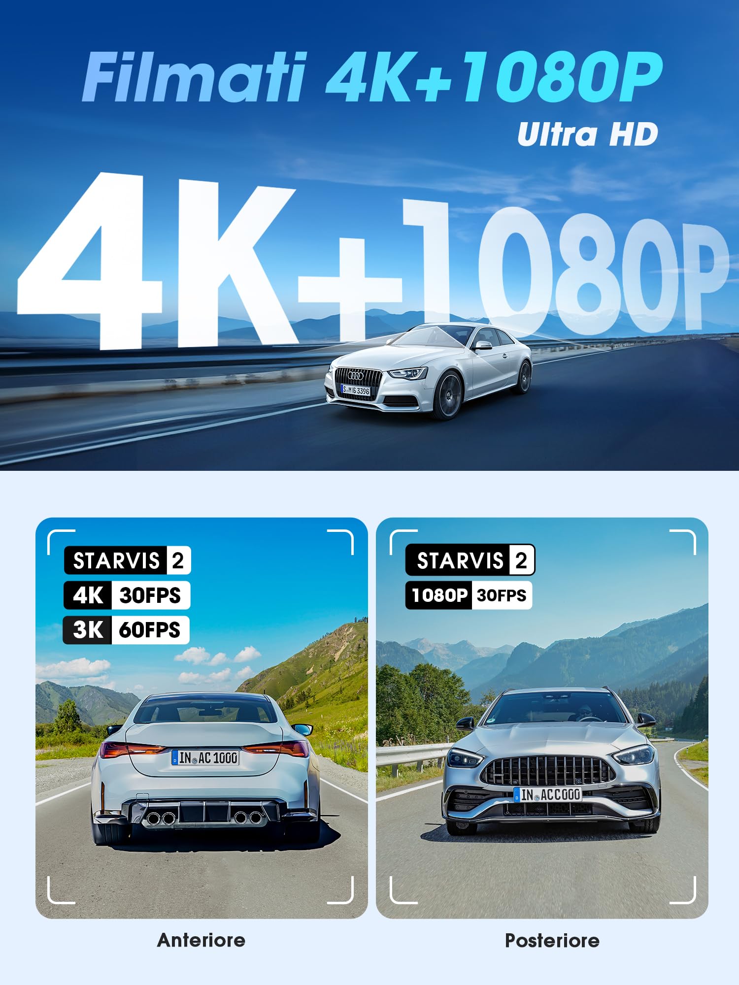 DDPAI Z60 Pro Dashcam Auto 4K, Dual STARVIS 2 IMX678 60FPS HDR, eMMC Integrata 32GB + Scheda 128GB Gratuita, Visione Notturna AI-ISP, 4G LTE, WiFi 5GHz, GPS, Modalità Parcheggio 24h, Schermo IPS 3"