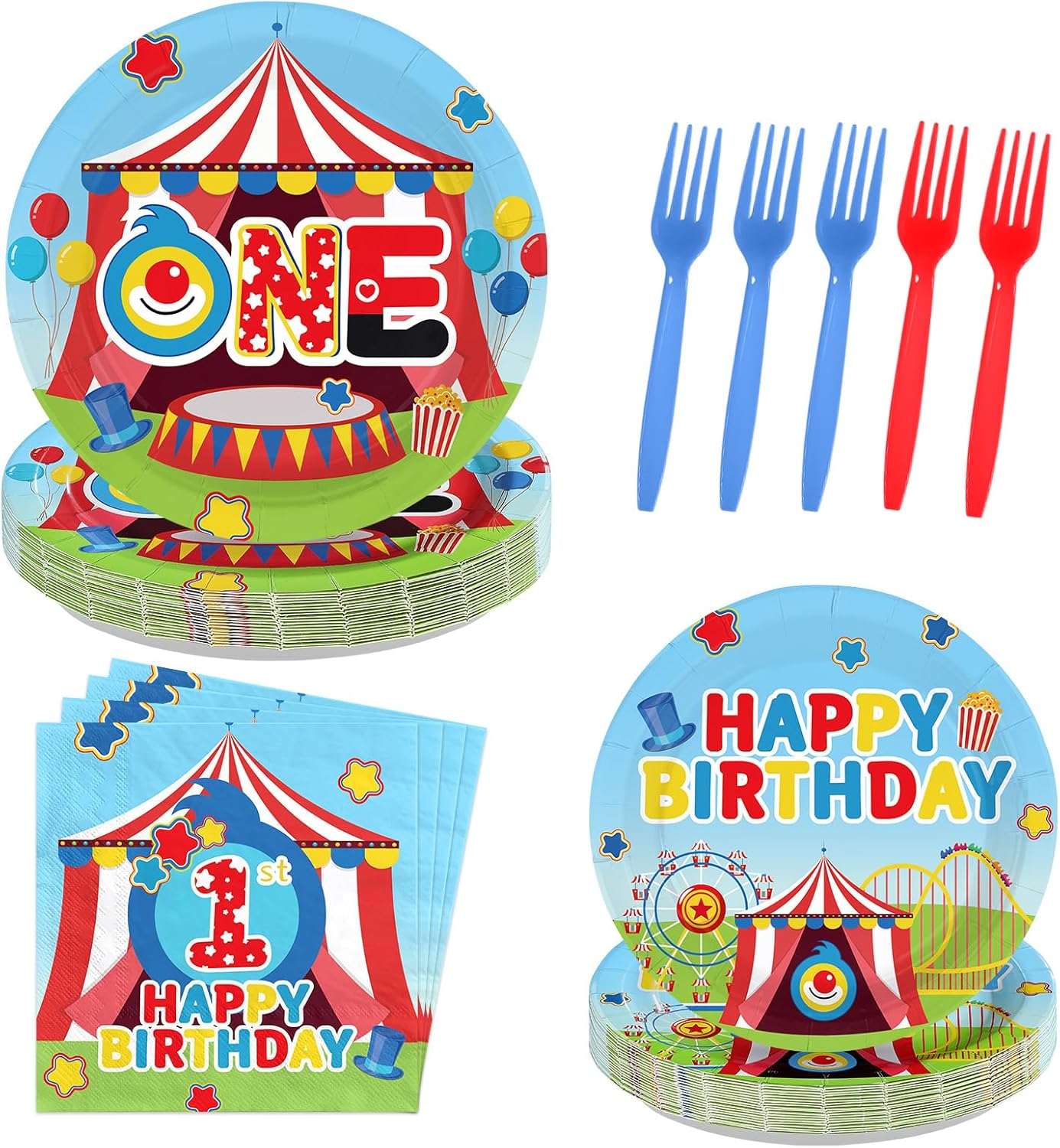 96Pcs Carnival Circus 1st Birthday Party Decorations Circus Clown Plates and Napkins Disposable Cartoon Tableware Set for Boys Girls One Year Old Birthday Baby Shower Party Supplies Serves 24