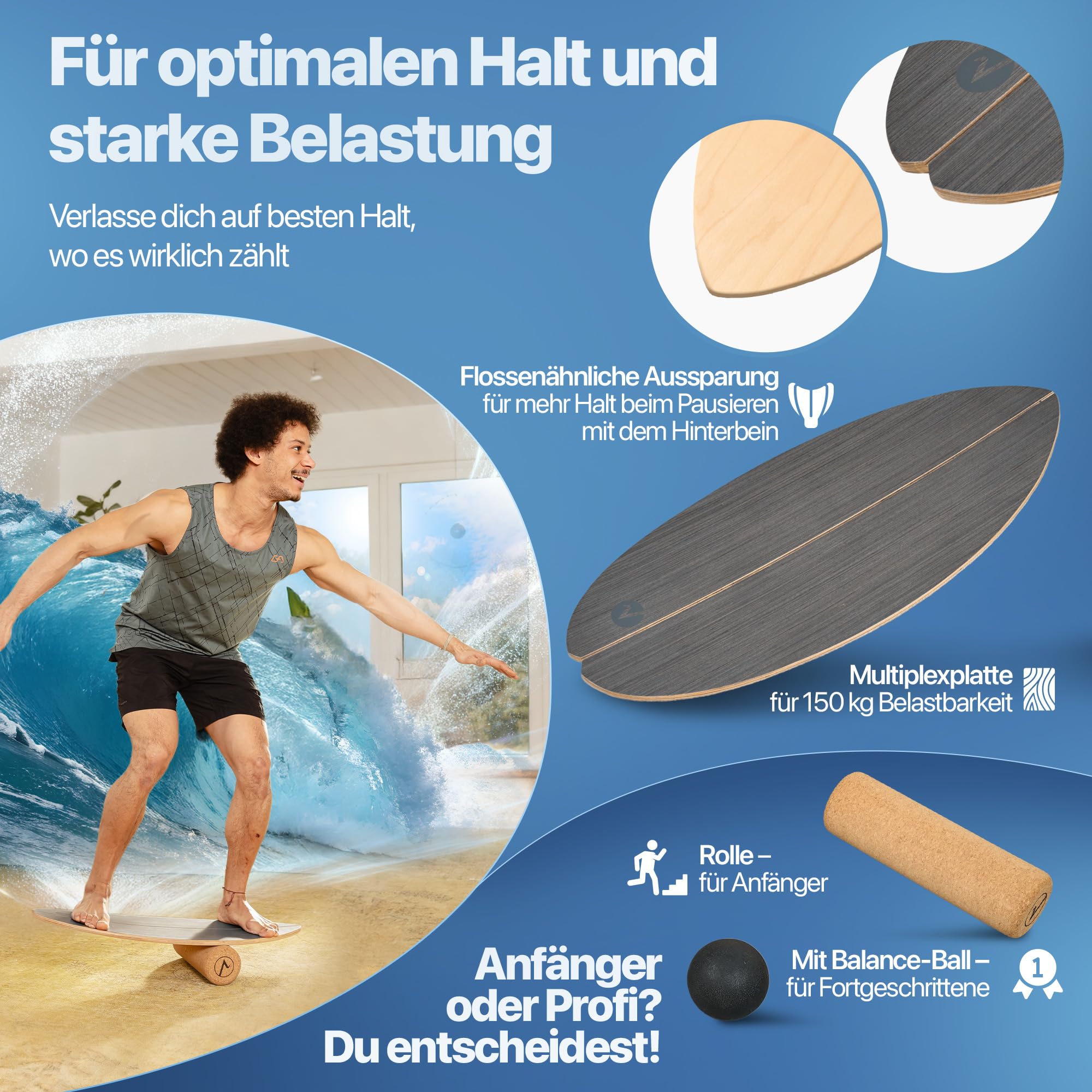 Balance Board aus Holz in – mit abgerundeten Ecken – inkl. Rolle für Neuromuscular Response Training +Plus: Halterung & Ball