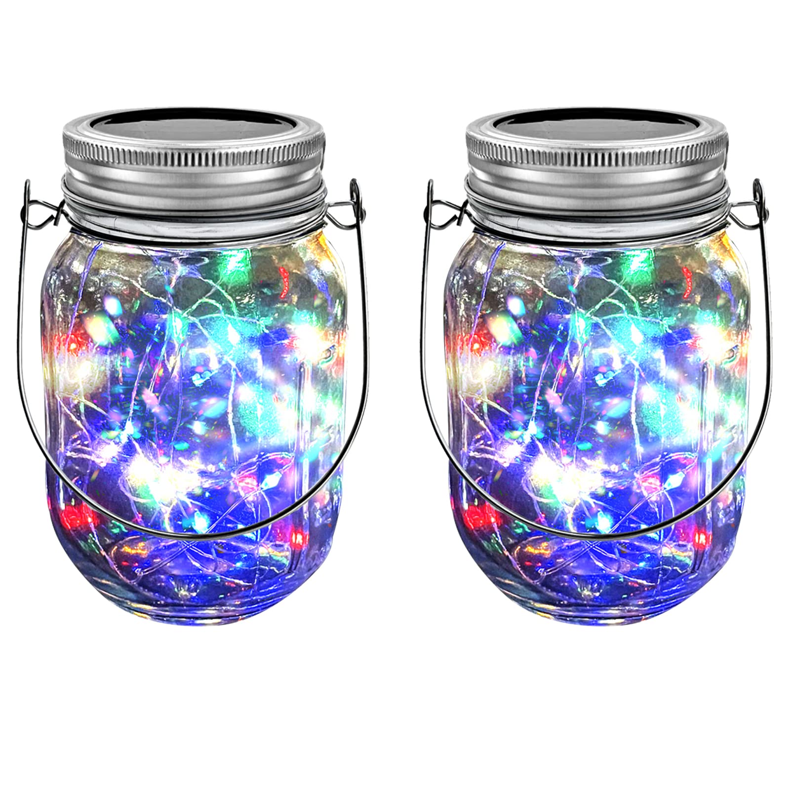 ZQXHanging Solar Mason Jar Lights,ZQX 2 Pack 20 Led String Hanging Mason Jar Lanterns for Outdoor,Great Decor Light for Outside Patio Garden Yard Fence Wedding Table,Hangers and Jars Included（Multicolor）